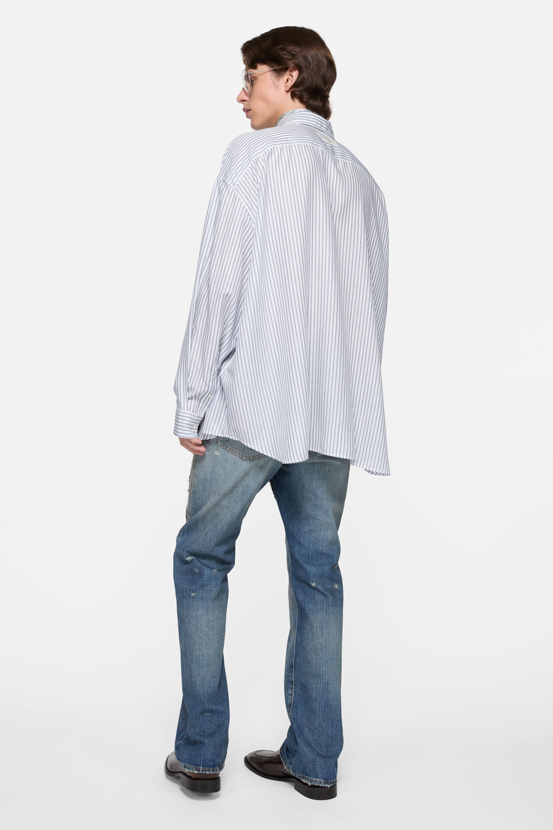 Striped button-up shirt, White/navy, 2000x