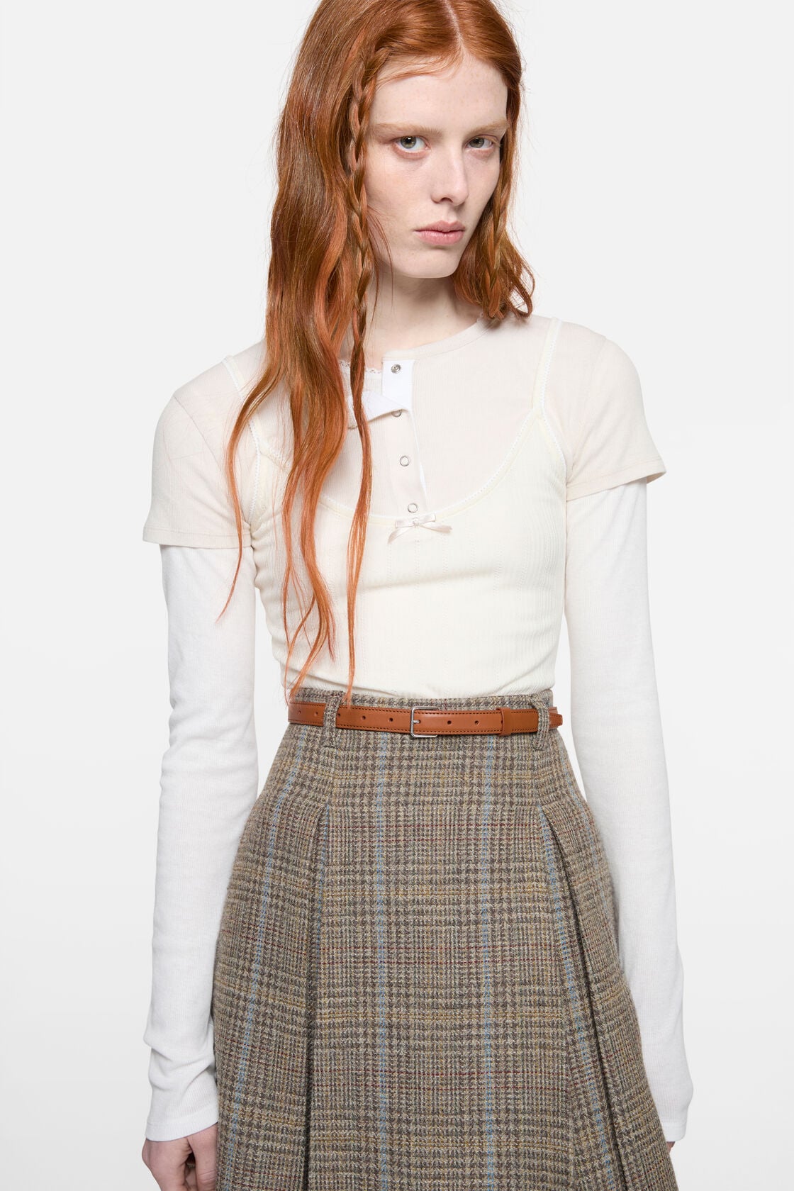 Layered jersey shirt with bow, White/Off White, 2000x