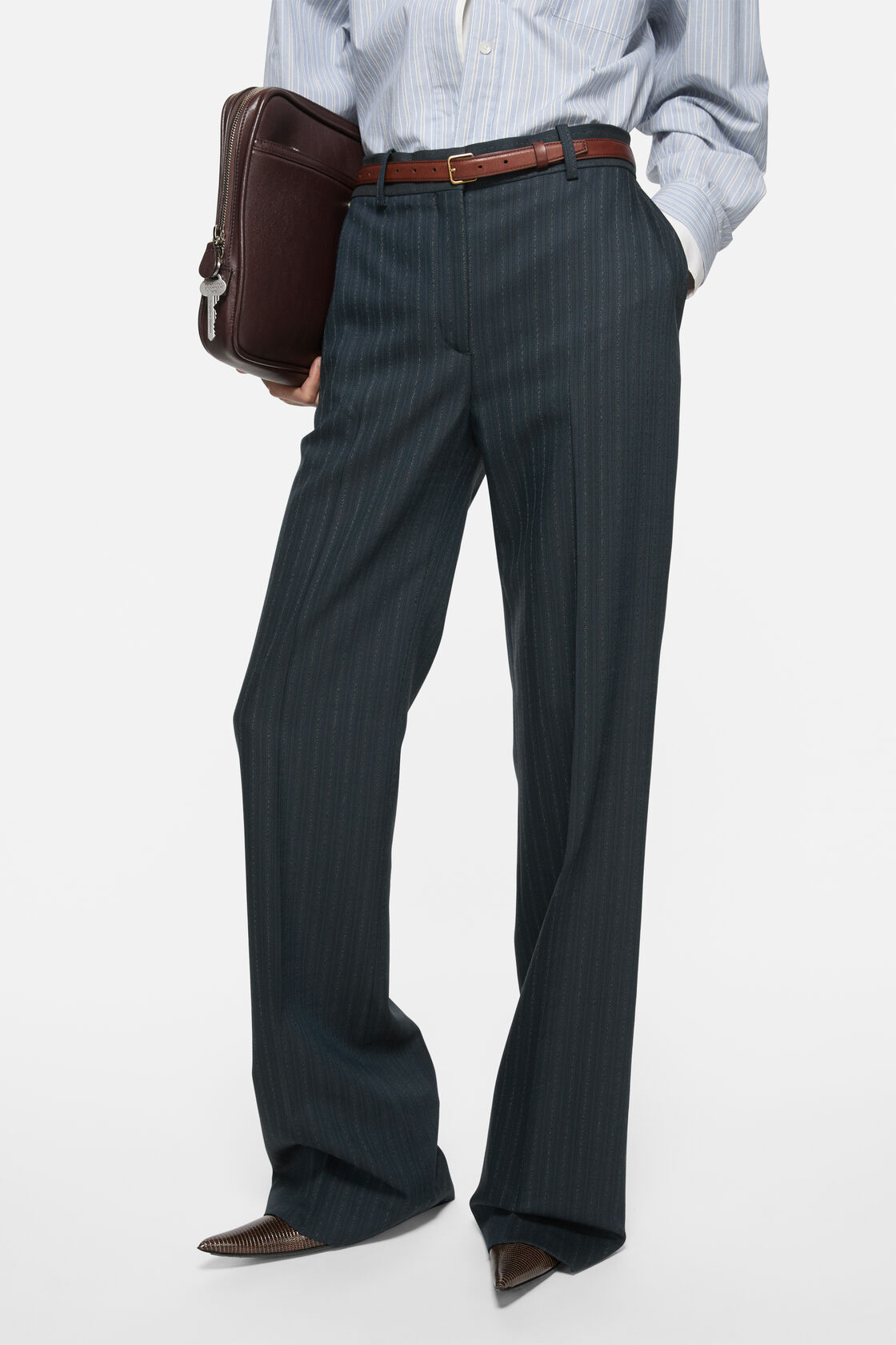 Pinstripe wool suit trousers, Black/Teal blue, 2000x