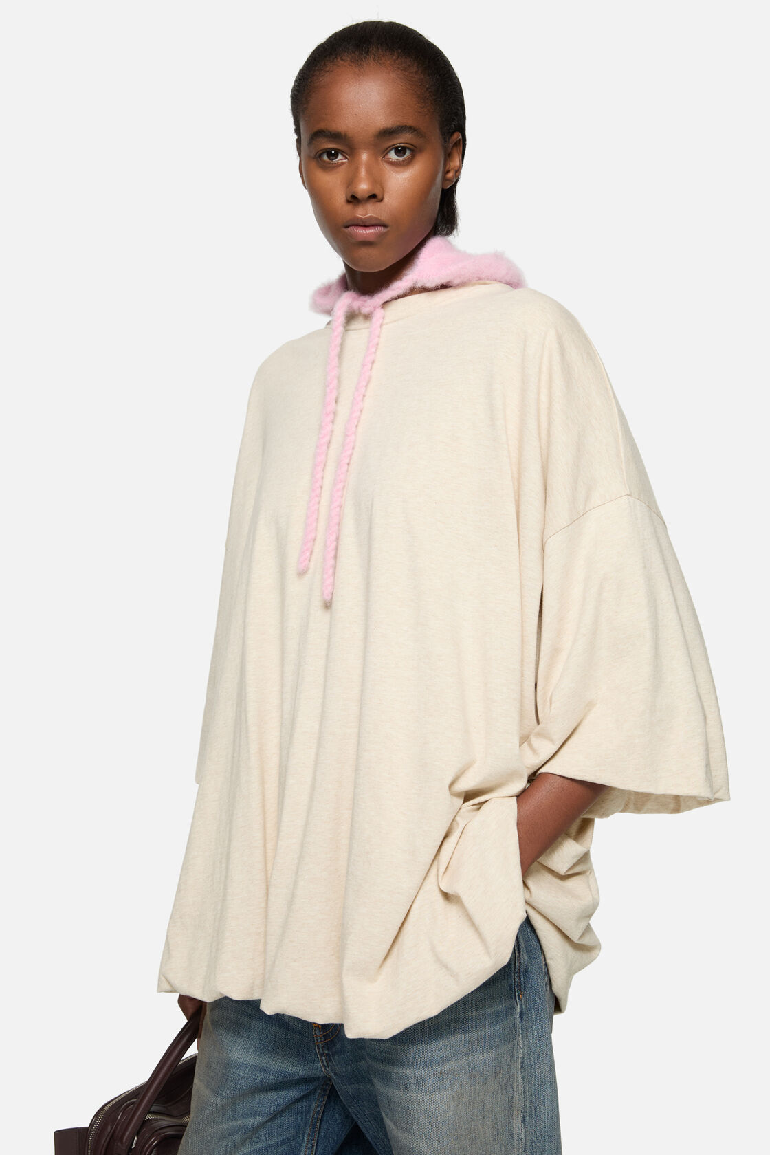 Gathered t-shirt with logo, Beige melange, 2000x