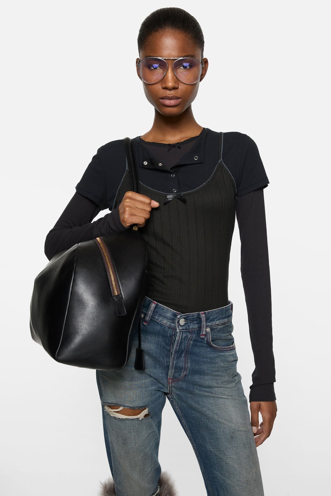 Layered jersey shirt with bow, Black, 2000x