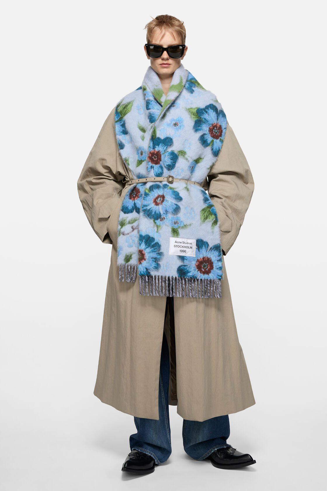 Floral alpaca wool scarf, Blue, 2000x