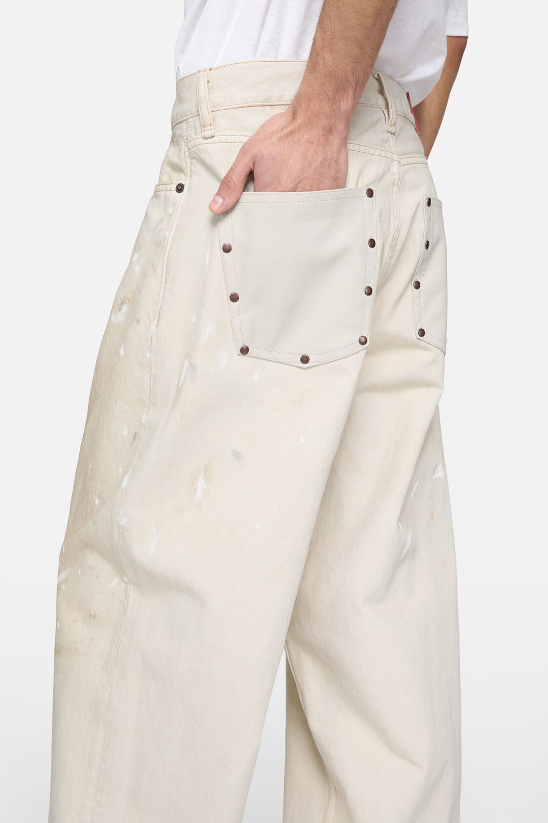 Loose fit jeans with leather pockets, White, 2000x