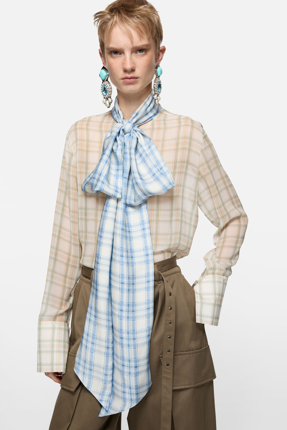 Silk blouse with scarf, Green/orange, 2000x