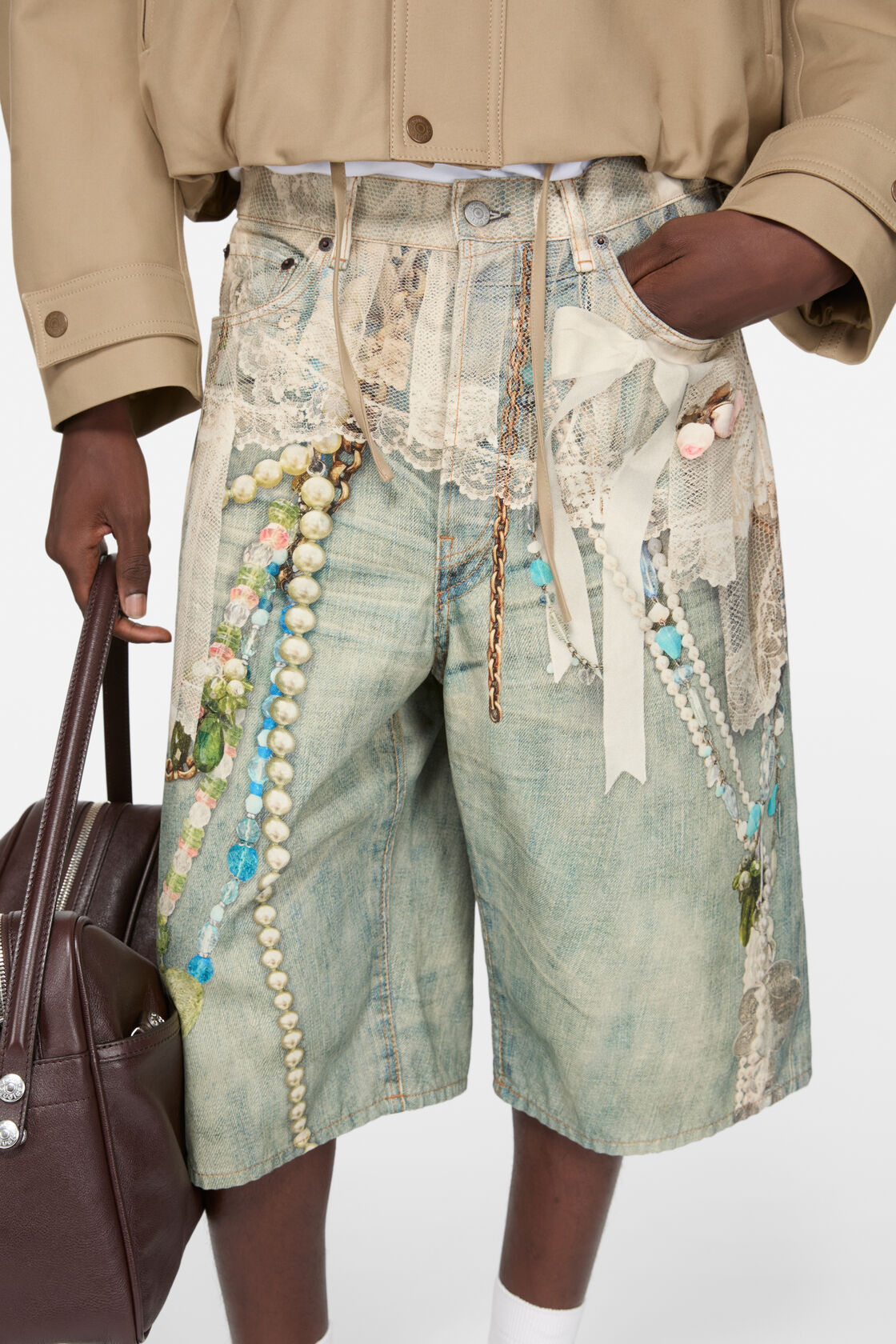 デニムショーツ - ルーズフィット, ホワイト/グリーン, 2000x