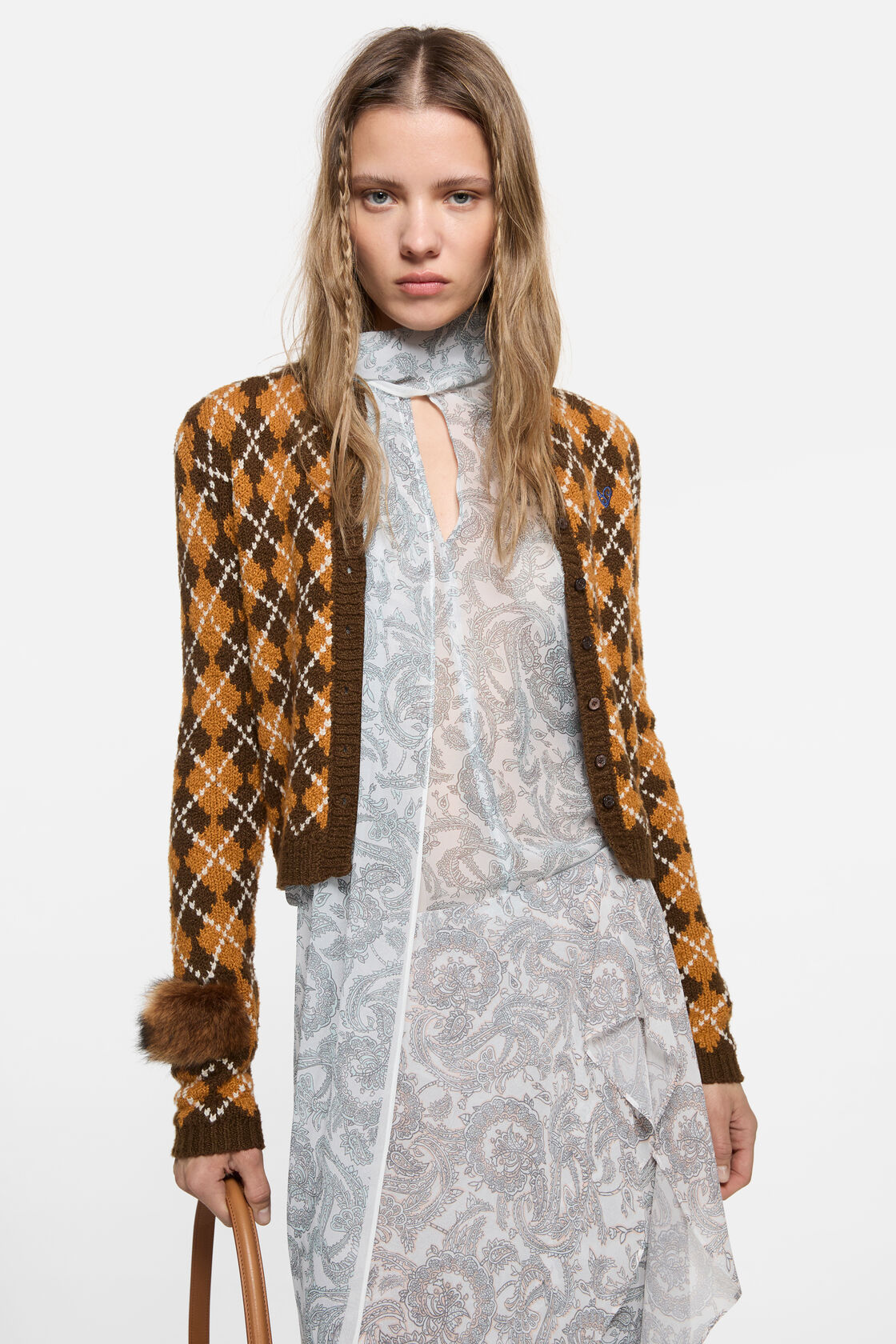 Boucl&eacute; Argyle Knit Cardigan, Brown/orange, 2000x