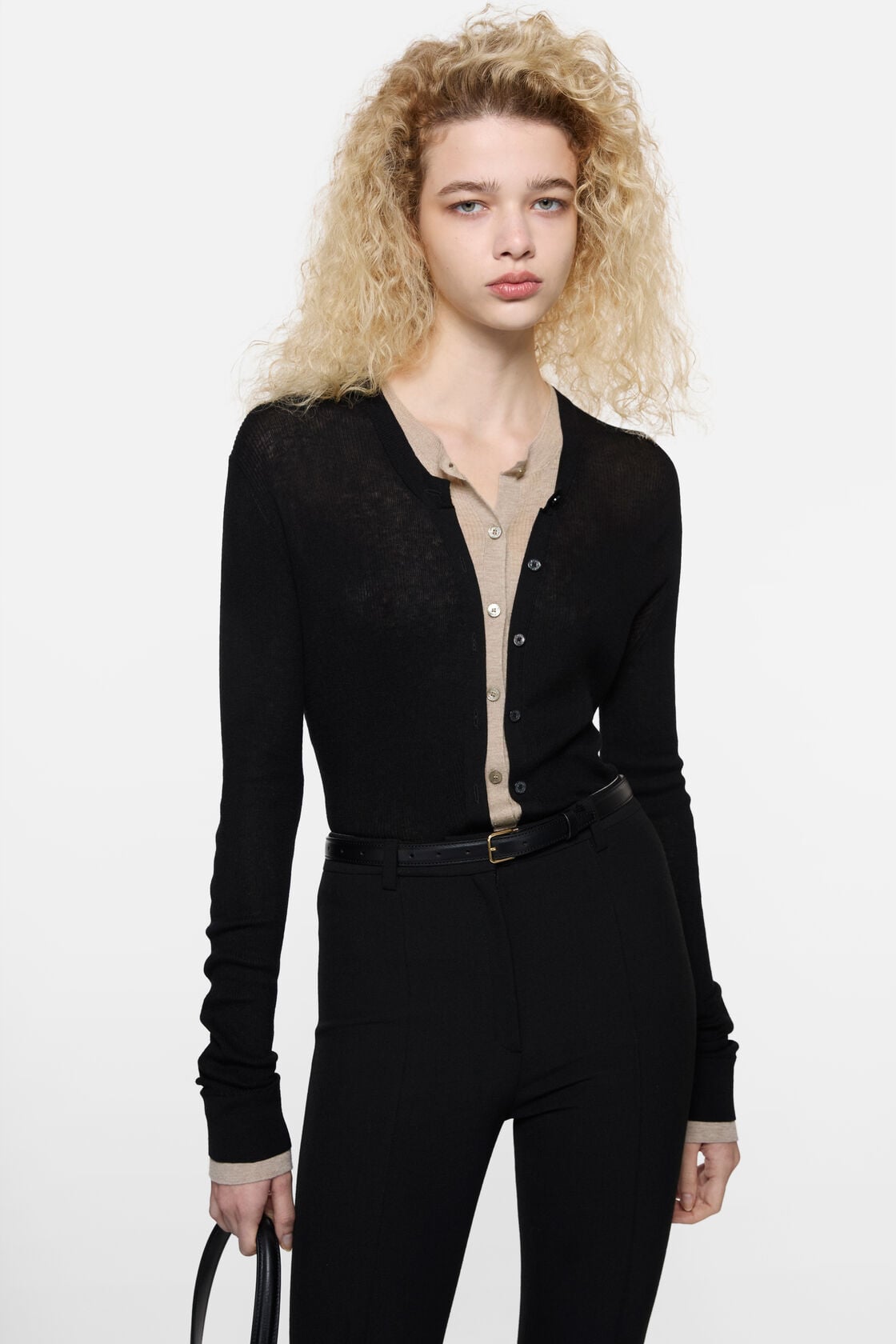 Layered silk-wool cardigan, Black/beige, 2000x