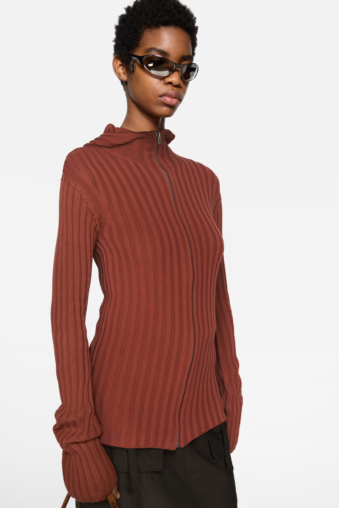 Zip-up hooded cardigan, Terracotta red, 2000x