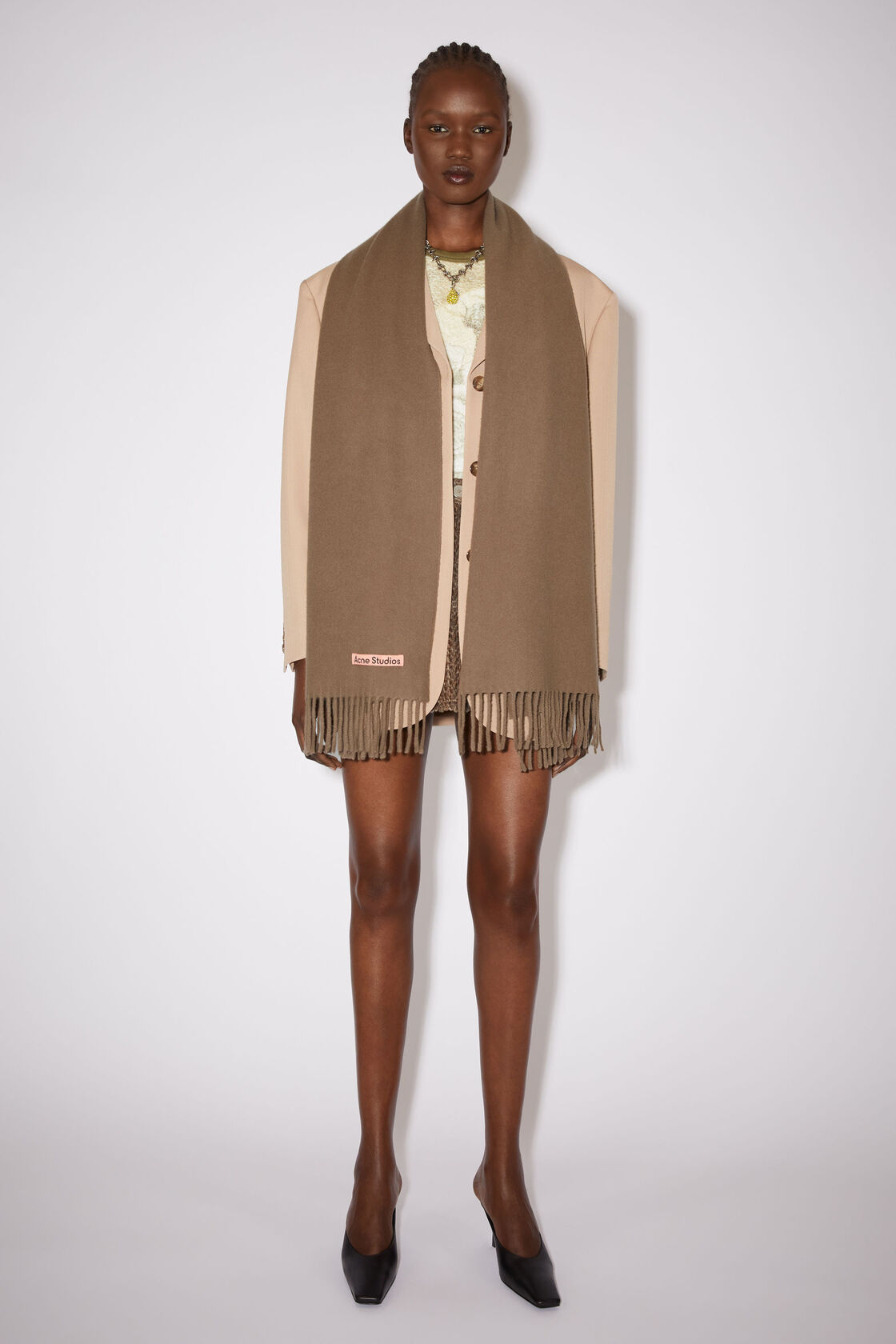 Fringe wool scarf - Narrow, Caramel brown, 2000x