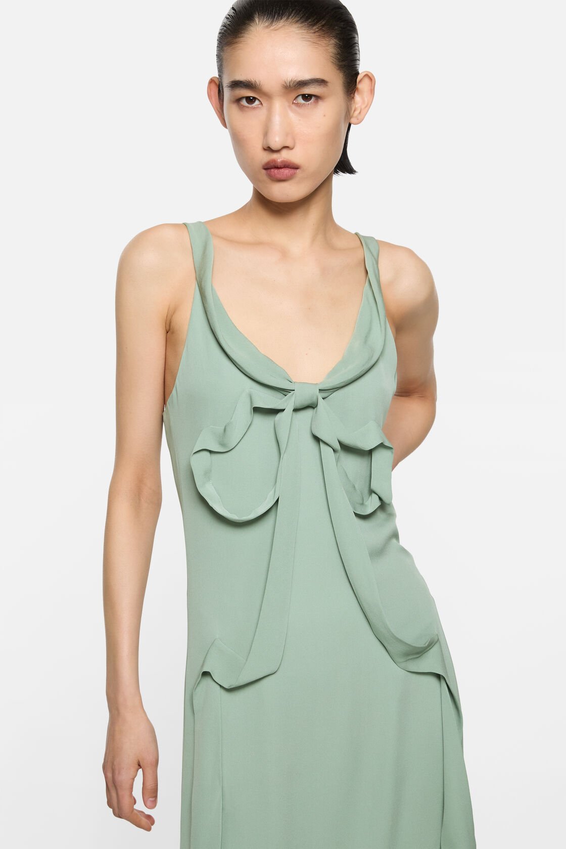 Silk midi dress with bow, Sage green, 2000x