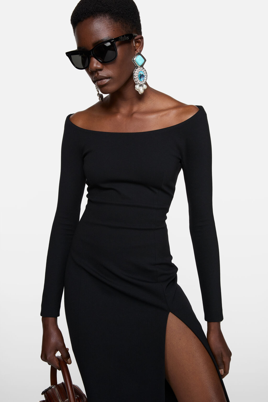 Long sleeve midi dress, Black, 2000x