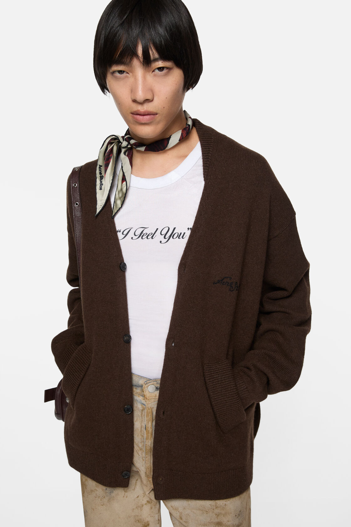 Wool V-Neck Cardigan, Dark brown, 2000x