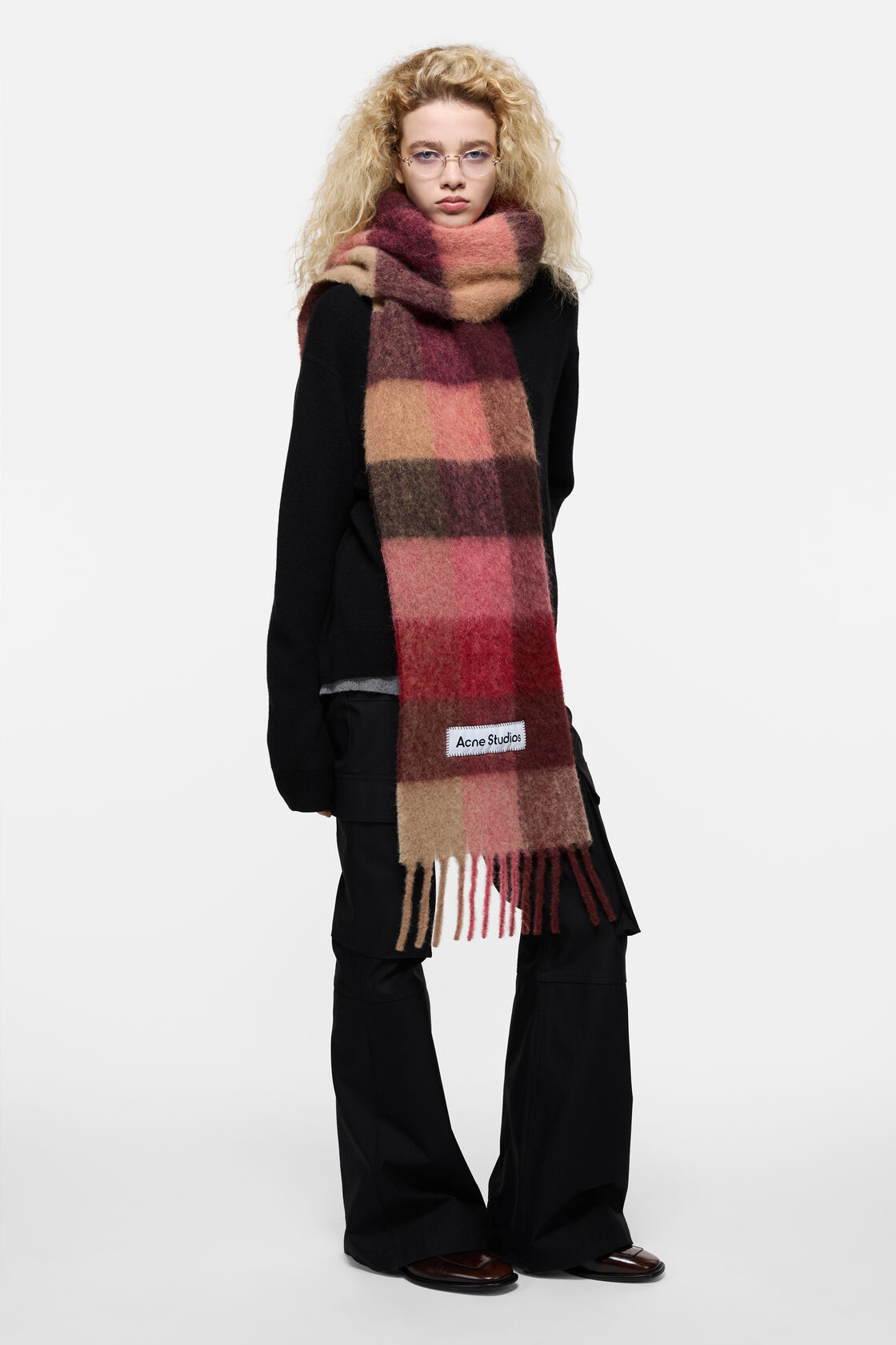 Mohair Check Scarf, Red/Pink/Beige, 2000x