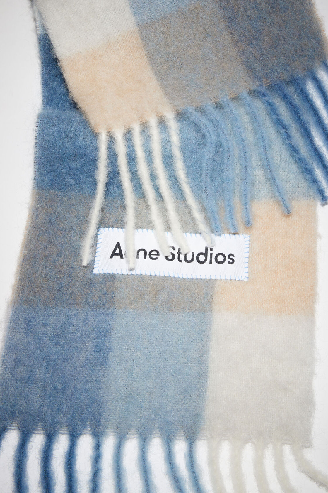 Checked wool fringe scarf, Pastel blue/beige, 2000x