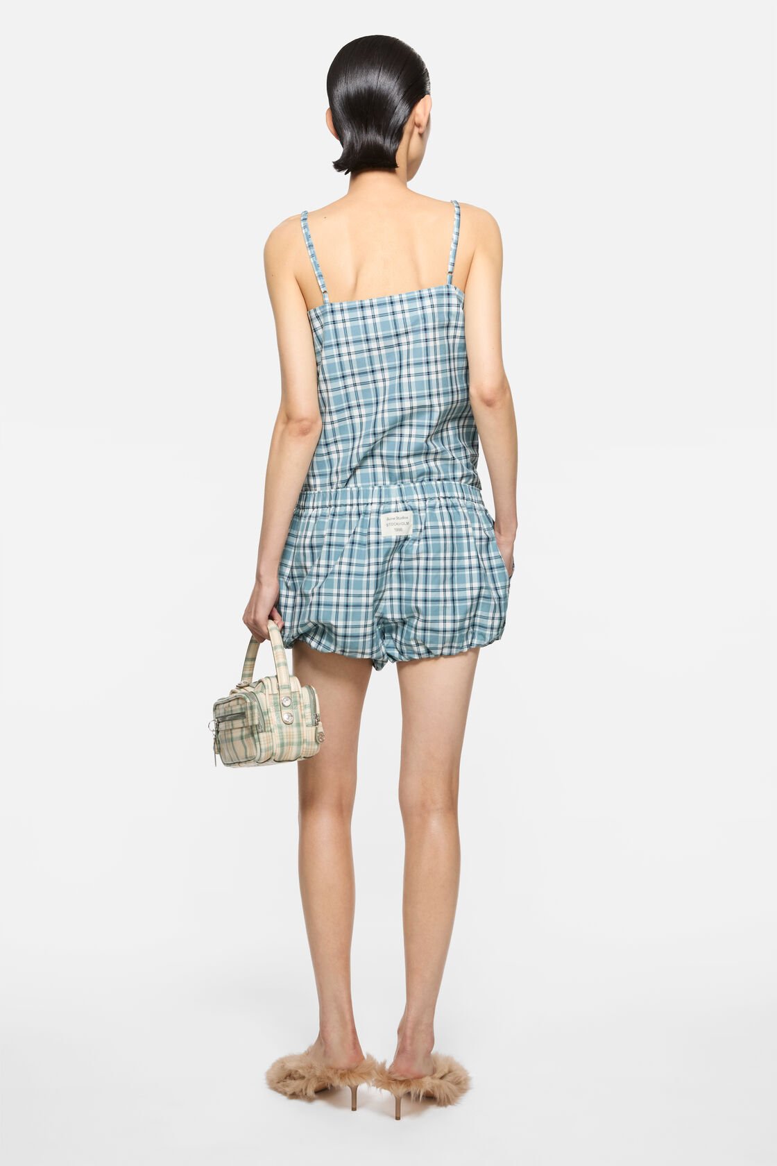 Gathered check shorts, Blue/white, 2000x