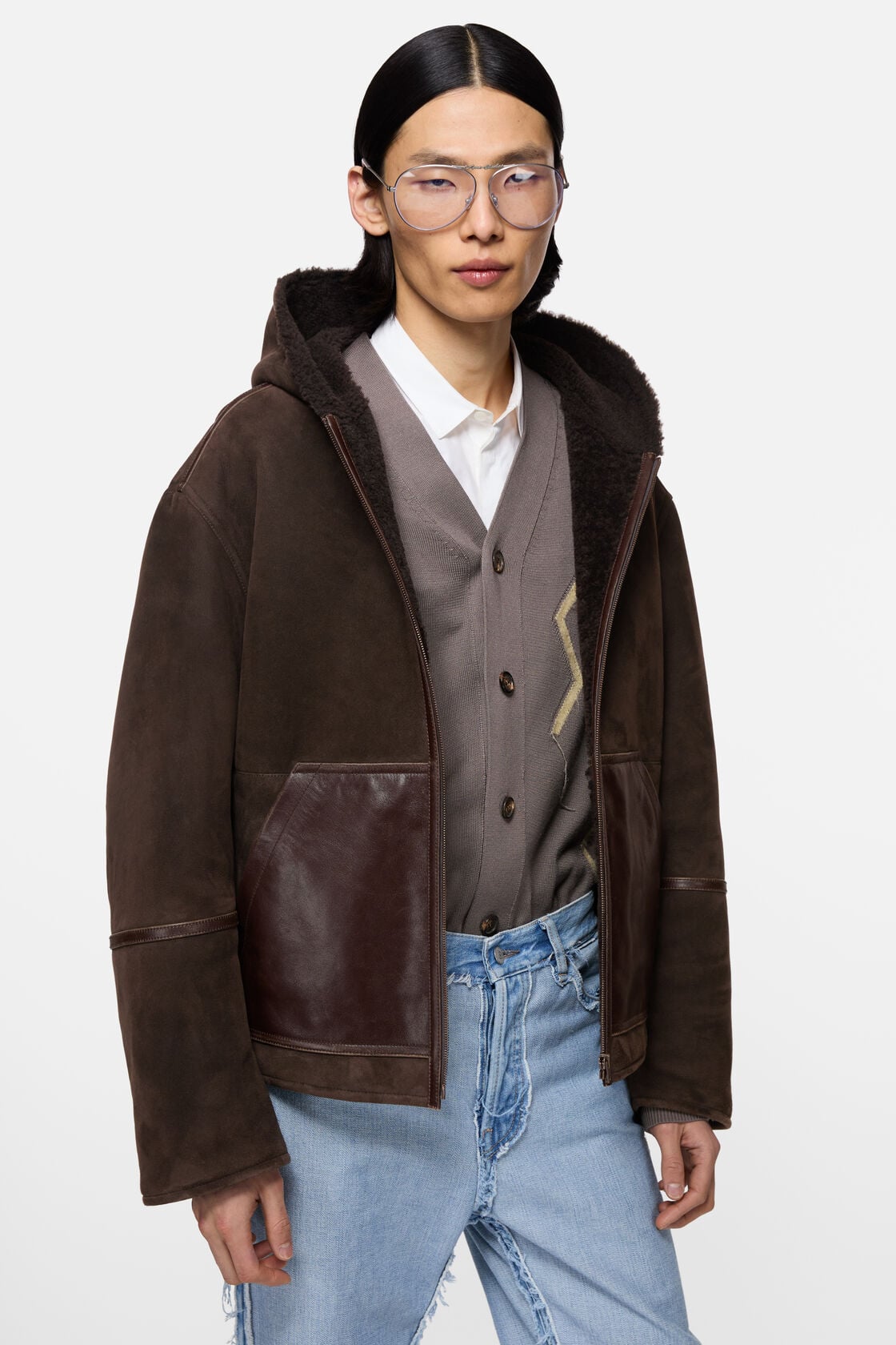 Shearling jacket with hood, Dark brown, 2000x