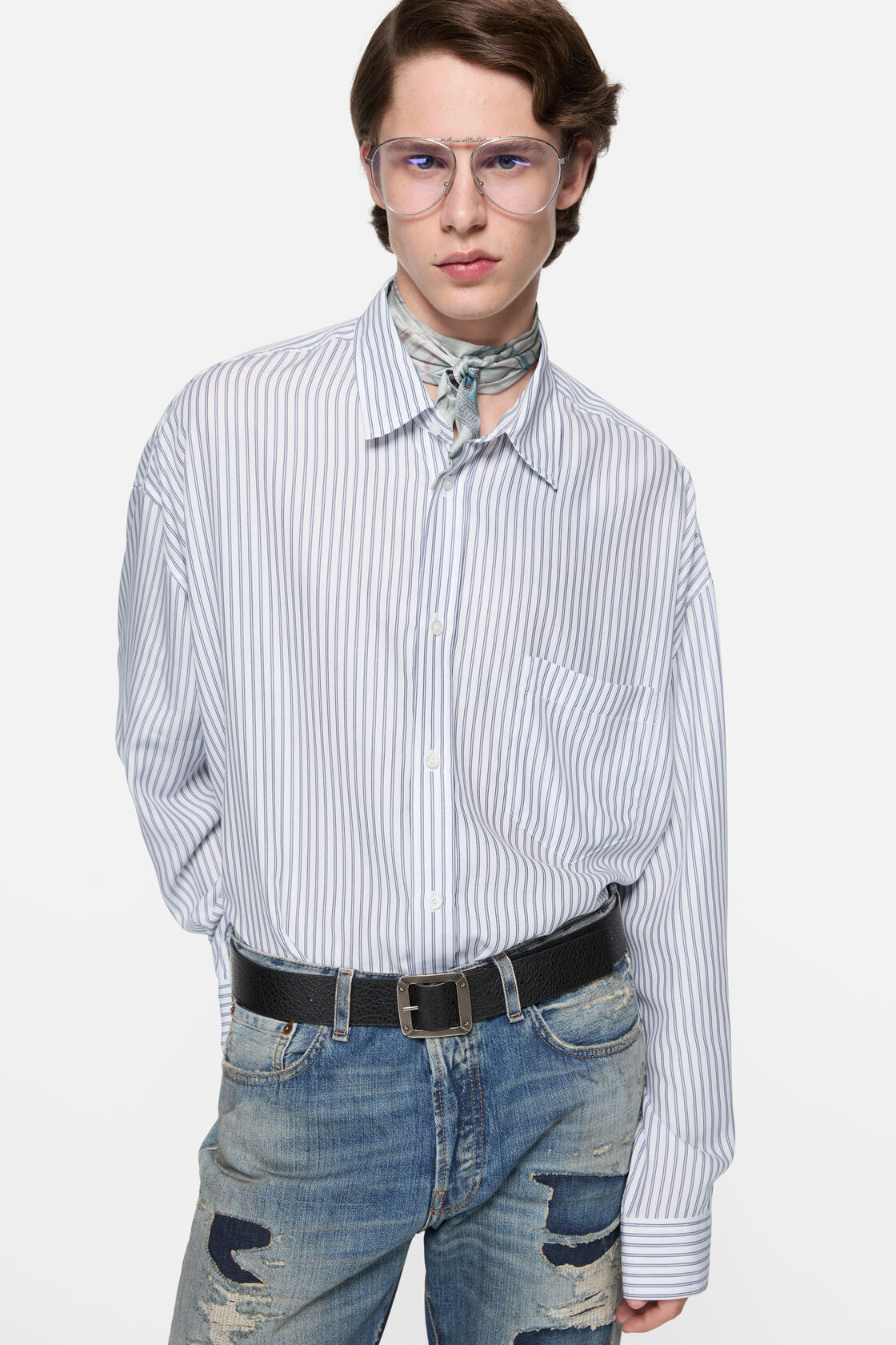Striped button-up shirt, White/navy, 2000x