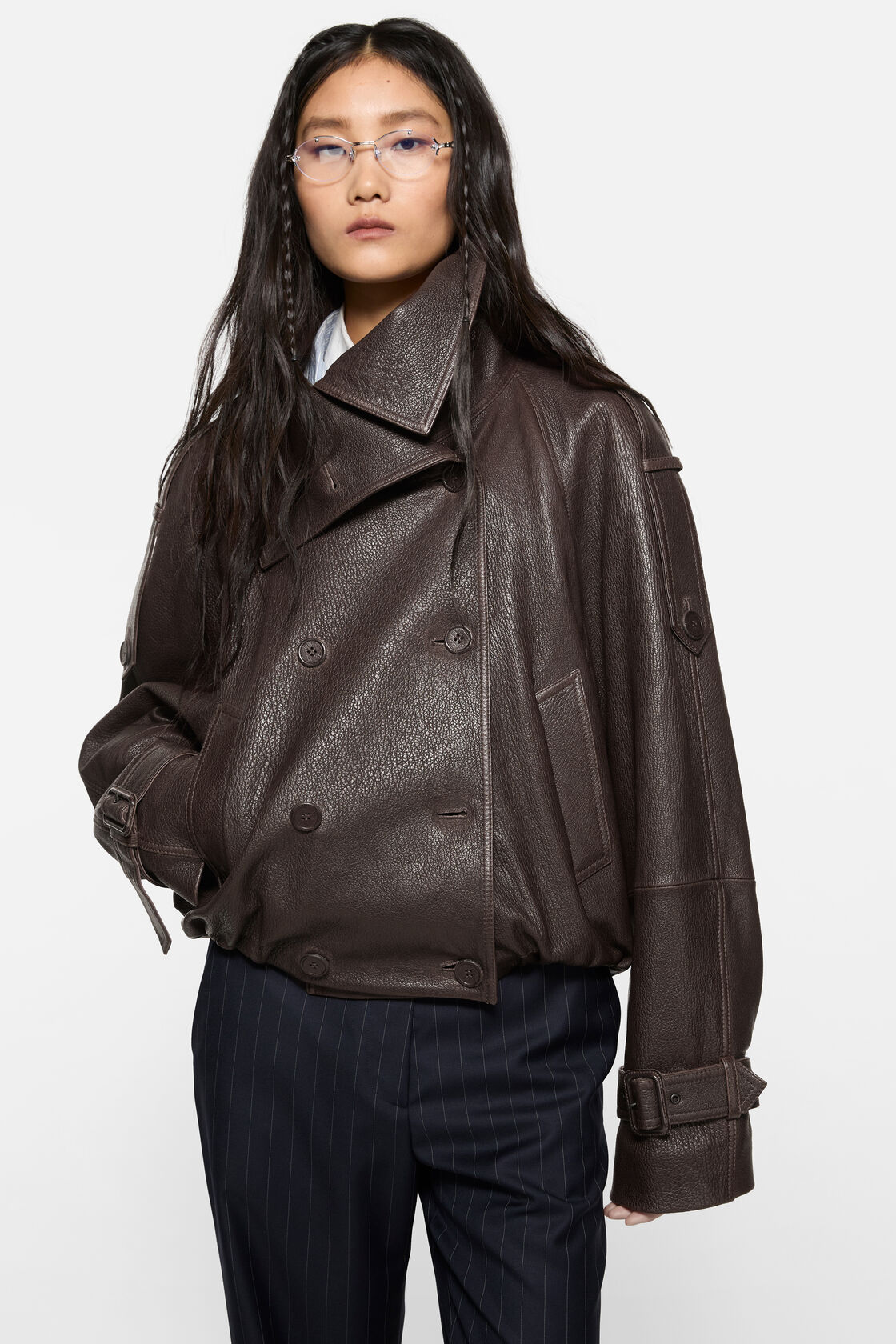 Cropped leather trench coat, Dark brown, 2000x