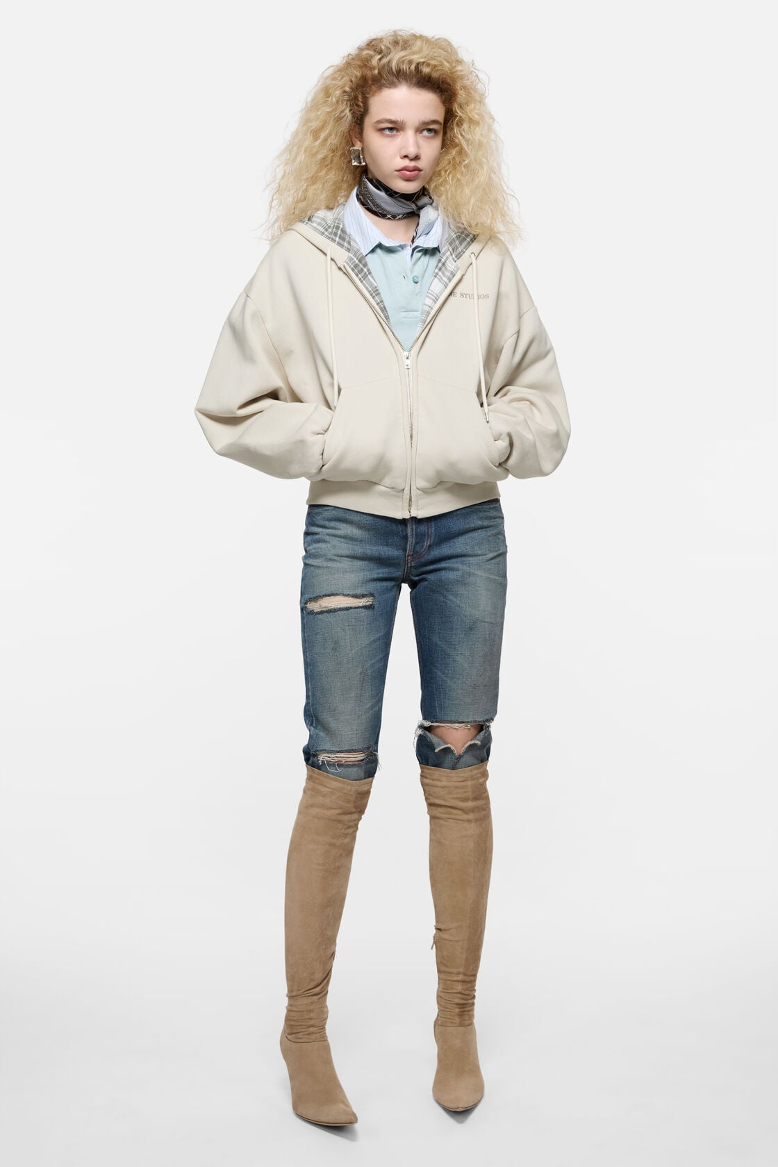 Fleece hoodie with logo, Pebble beige, 2000x