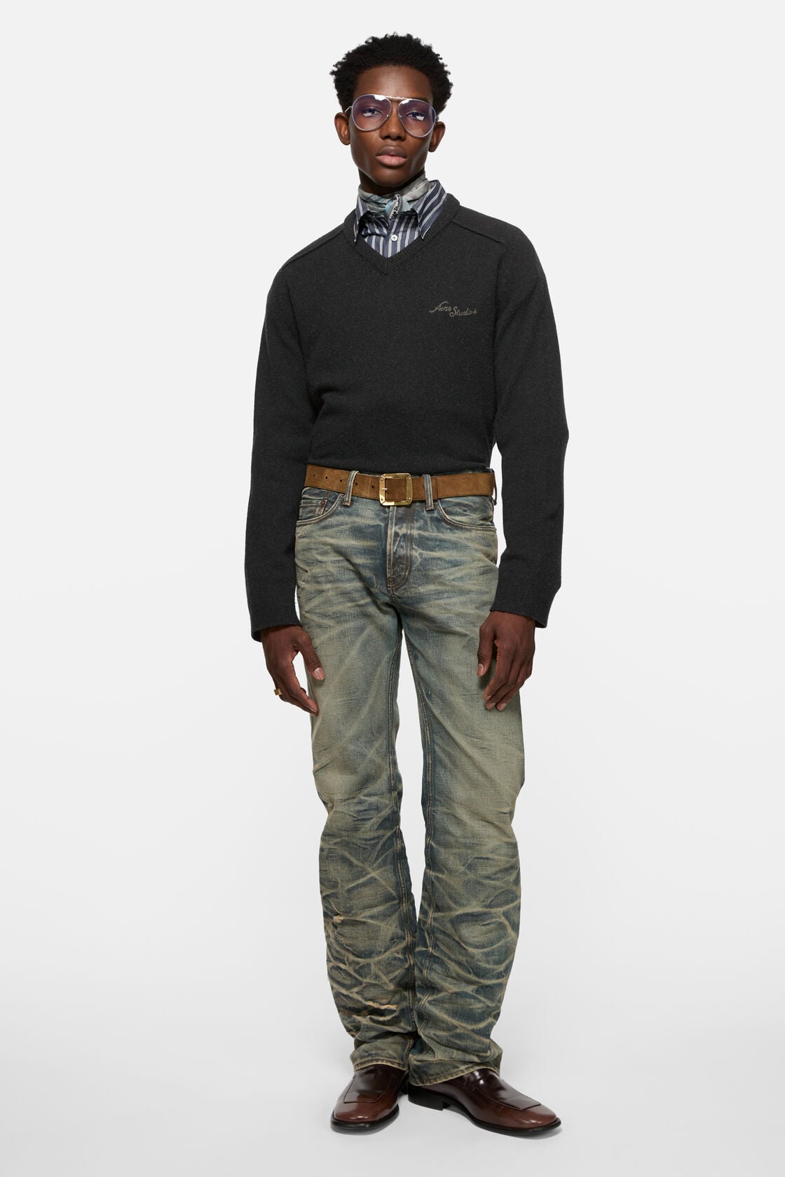 Camel hair v-neck sweater, Black, 2000x