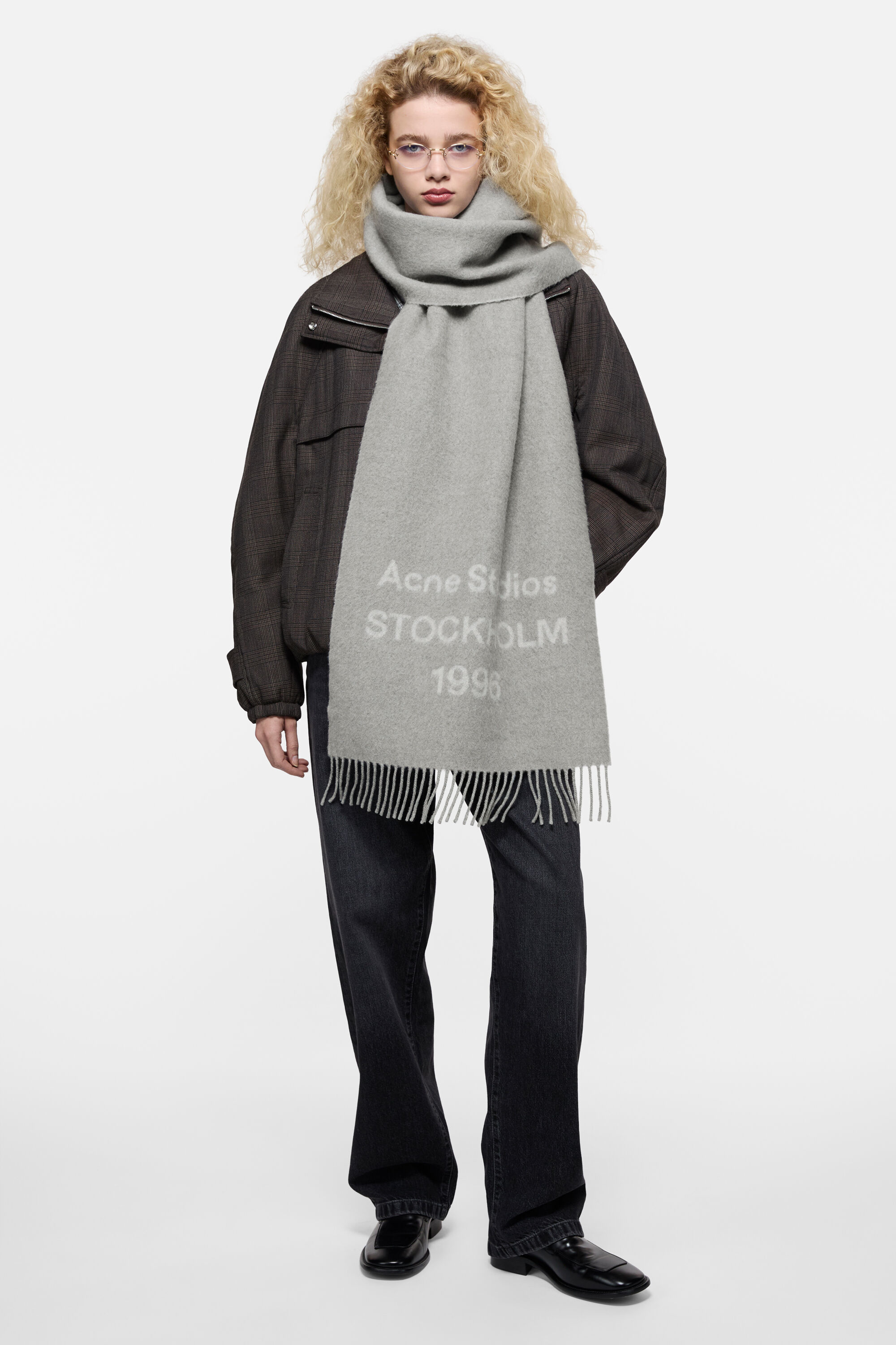 Acne Studios - Logo scarf - Wide - Light Grey Melange / White