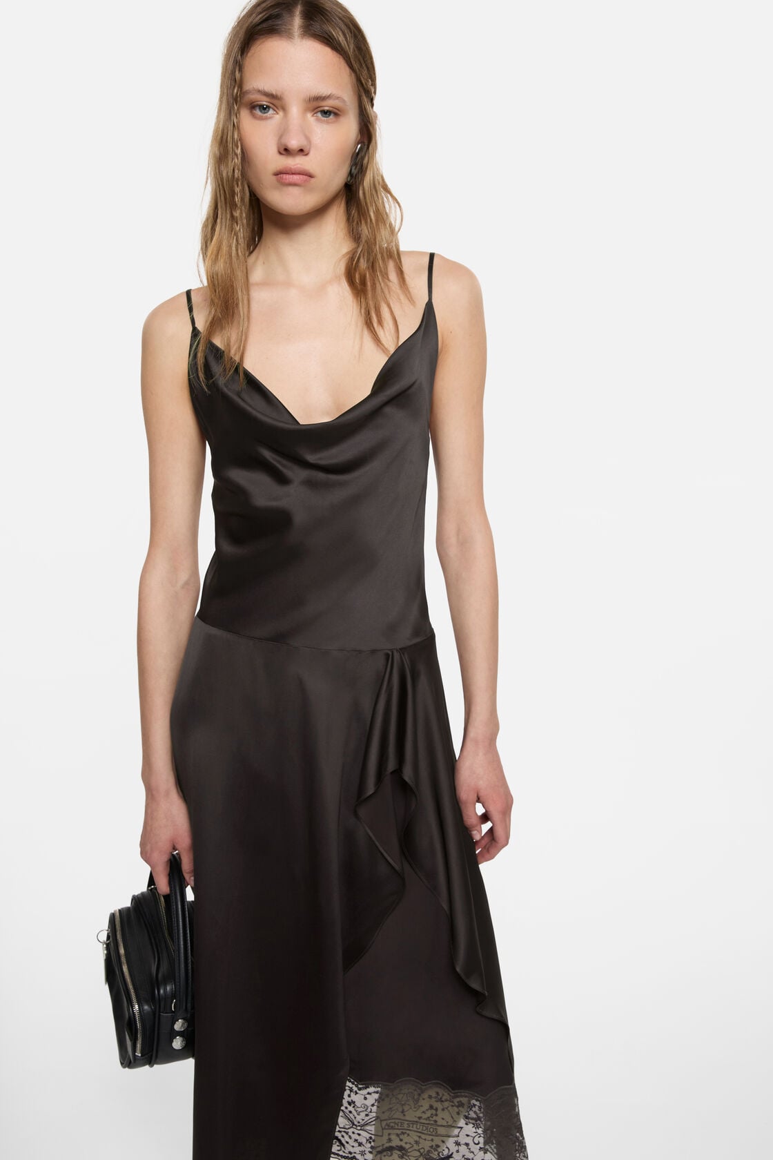Shiny satin slip dress, Dark brown, 2000x