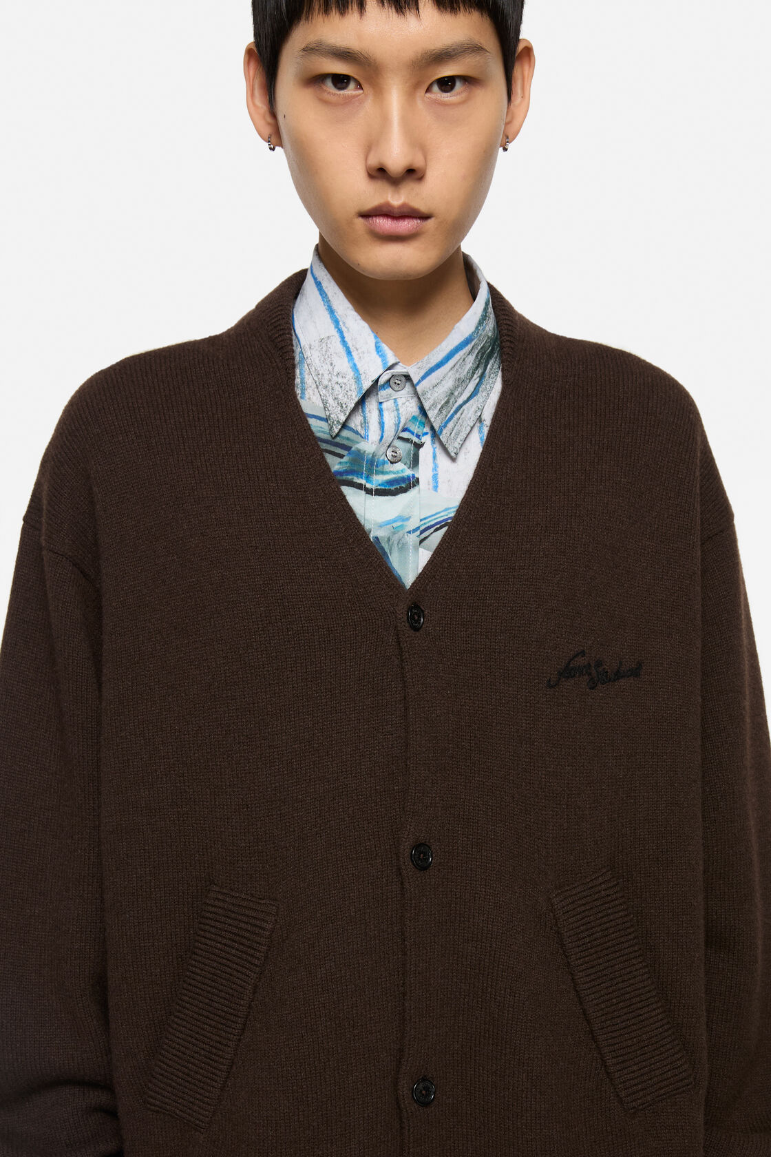 Wool V-Neck Cardigan, Dark brown, 2000x