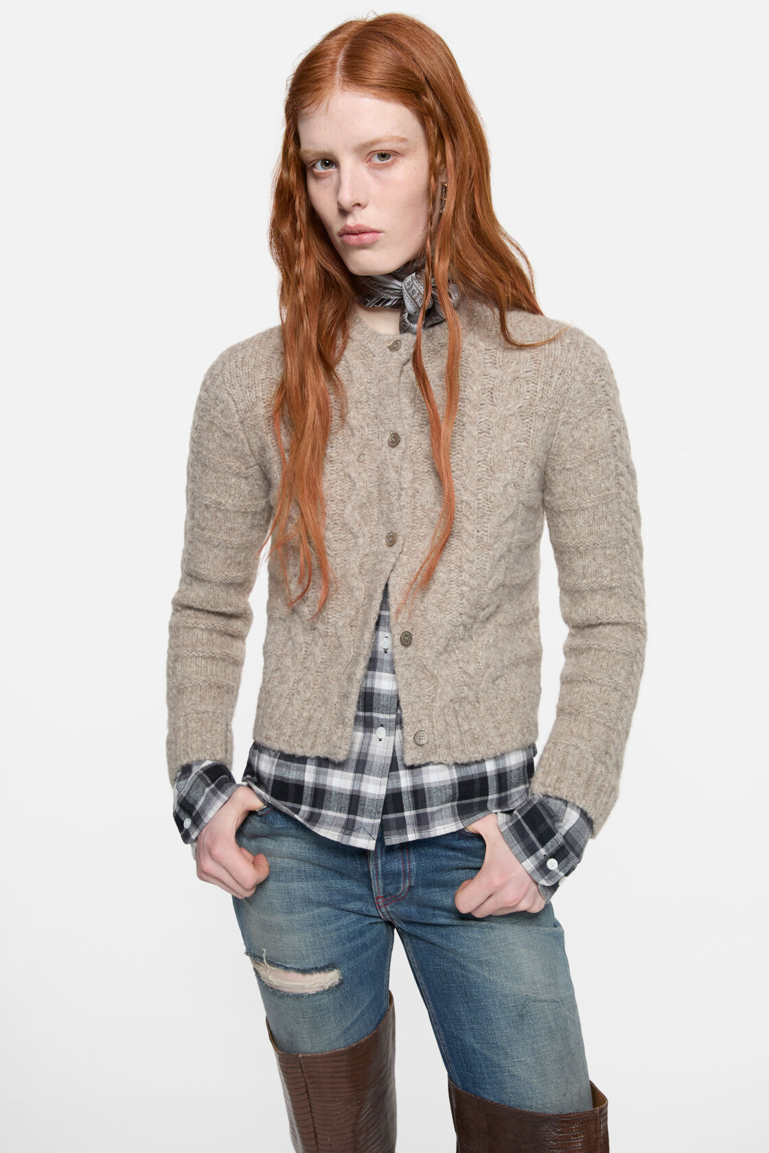 Cable knit cardigan, Medium beige, 2000x