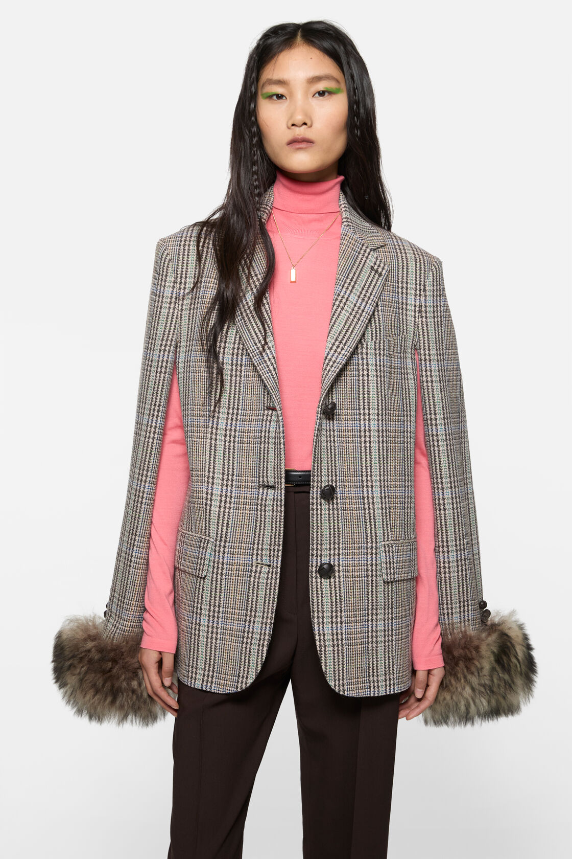 Wool jacket with shearling cuffs, Brown/blue, 2000x