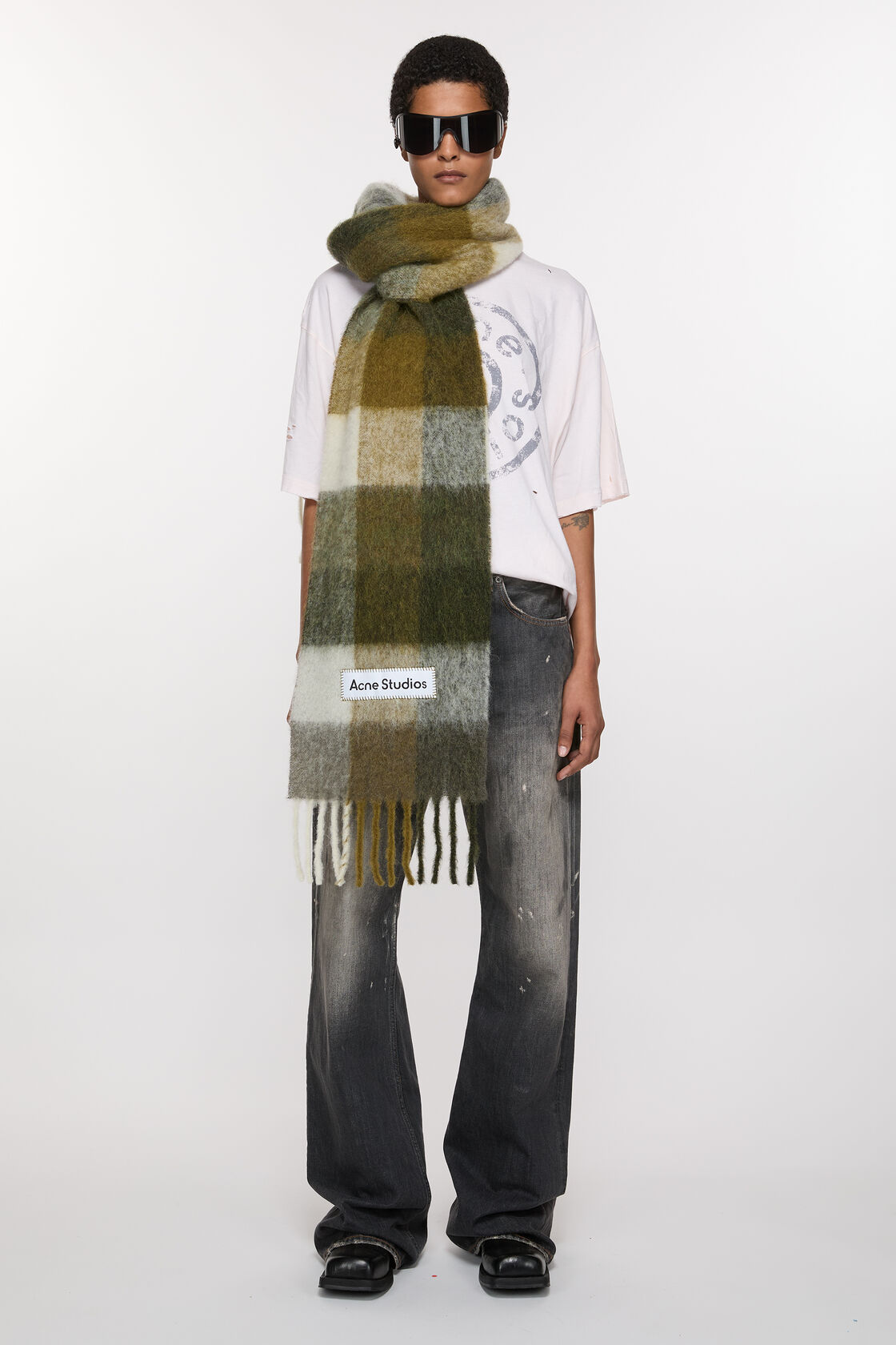 Mohair checked scarf, Taupe/Green/Black, 2000x