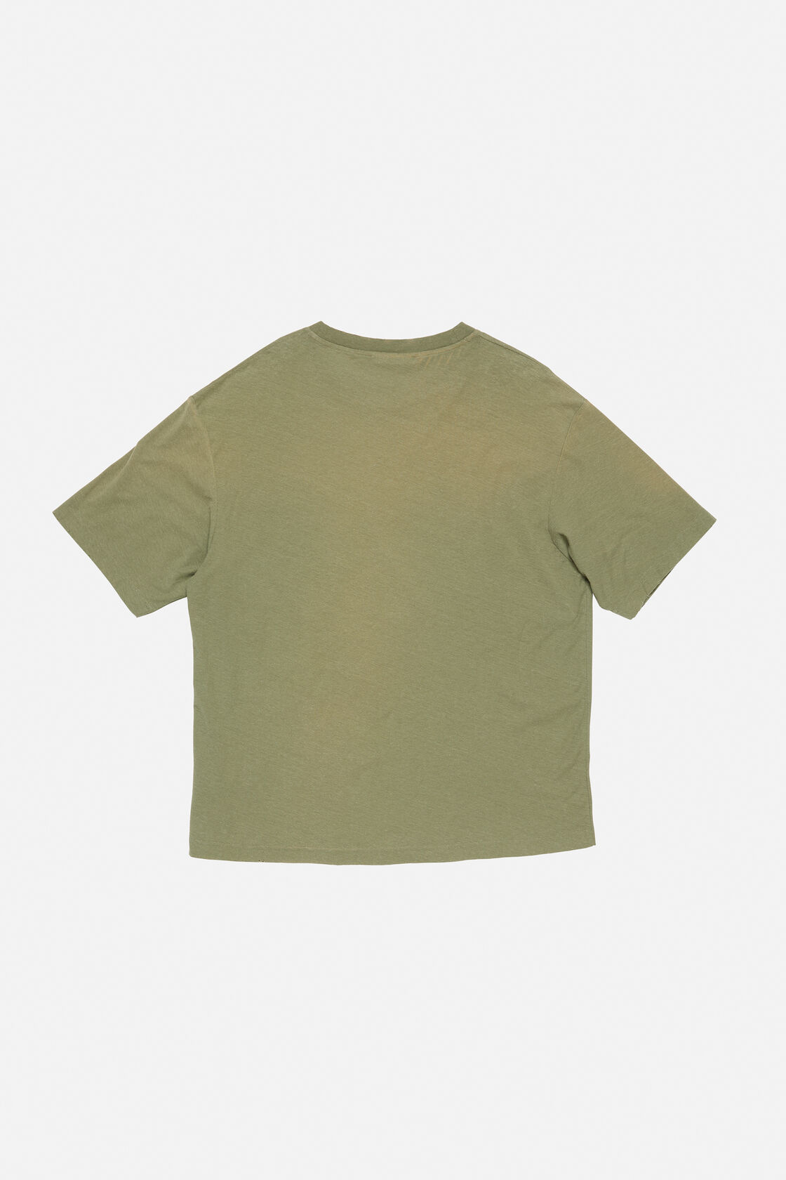 Acne Studios sprayed logo t-shirt in olive green, rear view, relaxed fit crewneck with short sleeves.