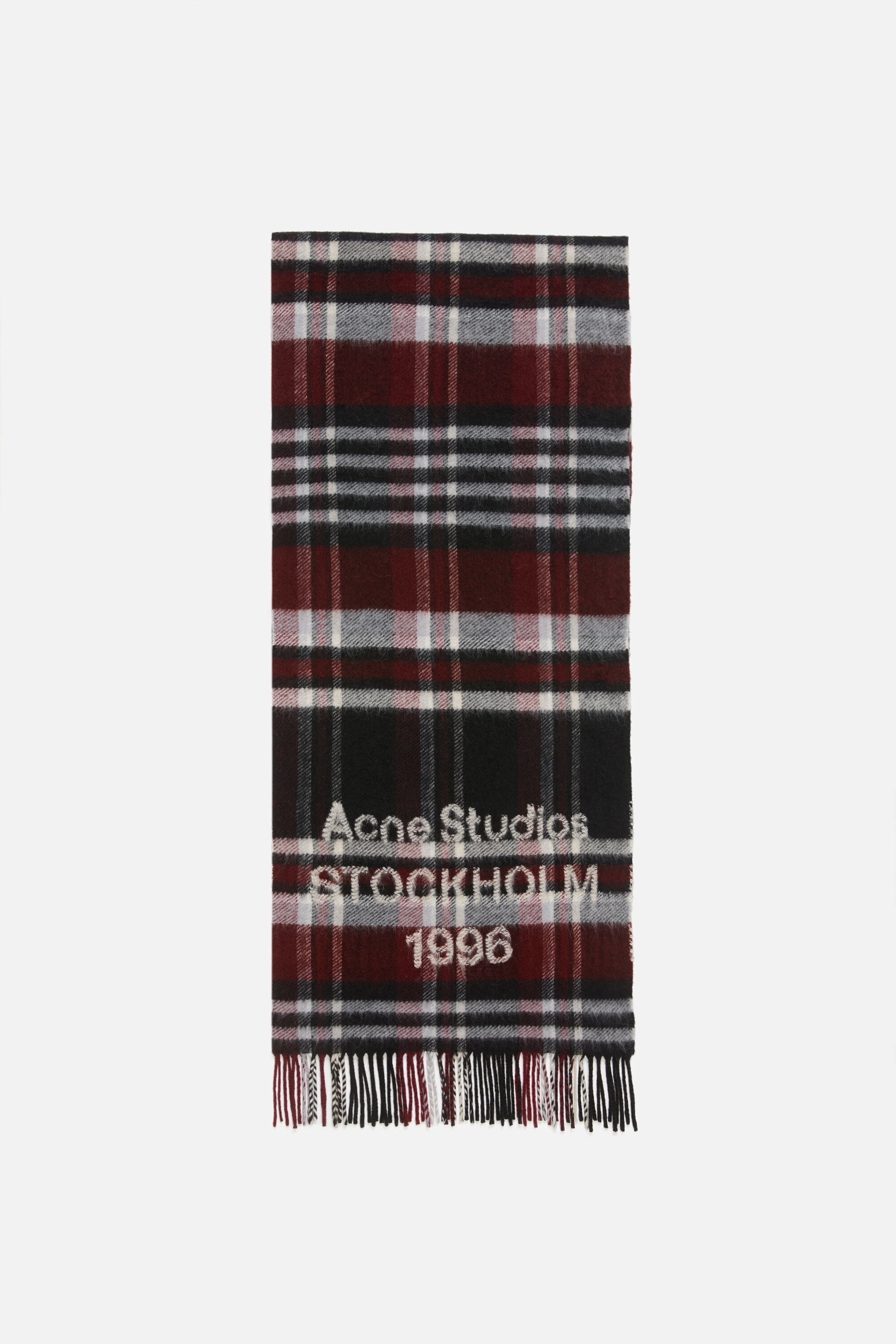 Acne Studios - フリンジ付きロゴスカーフ - ブラック/バーガンディ