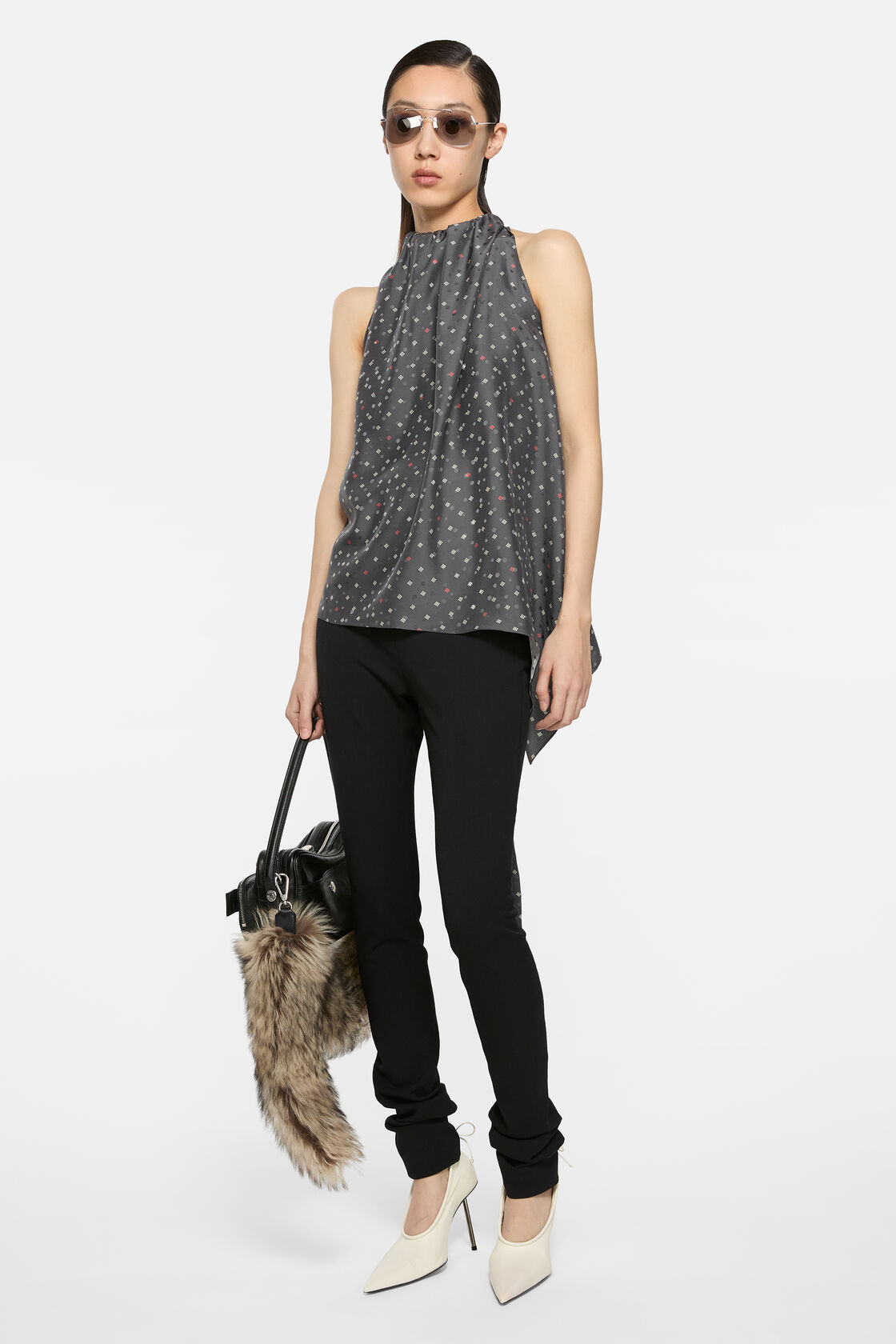 Silk bow blouse, Grey, 2000x