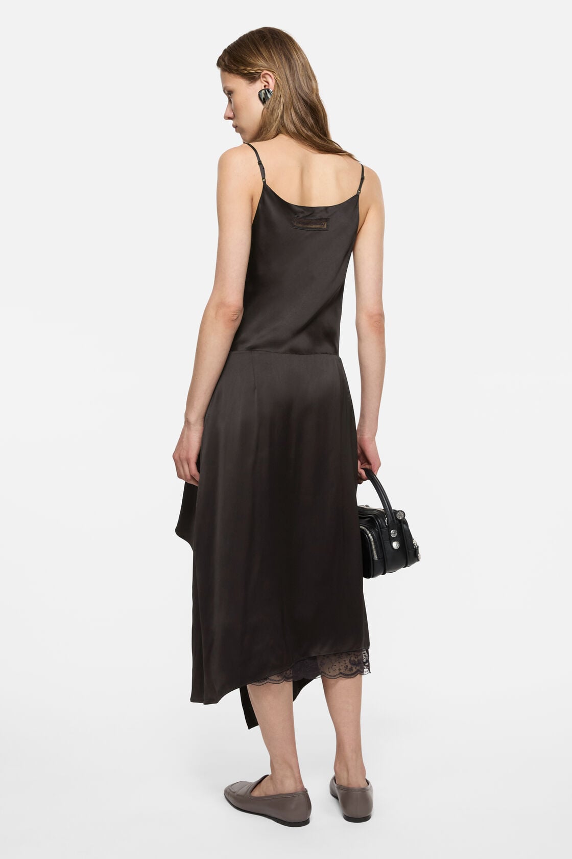 Shiny satin slip dress, Dark brown, 2000x