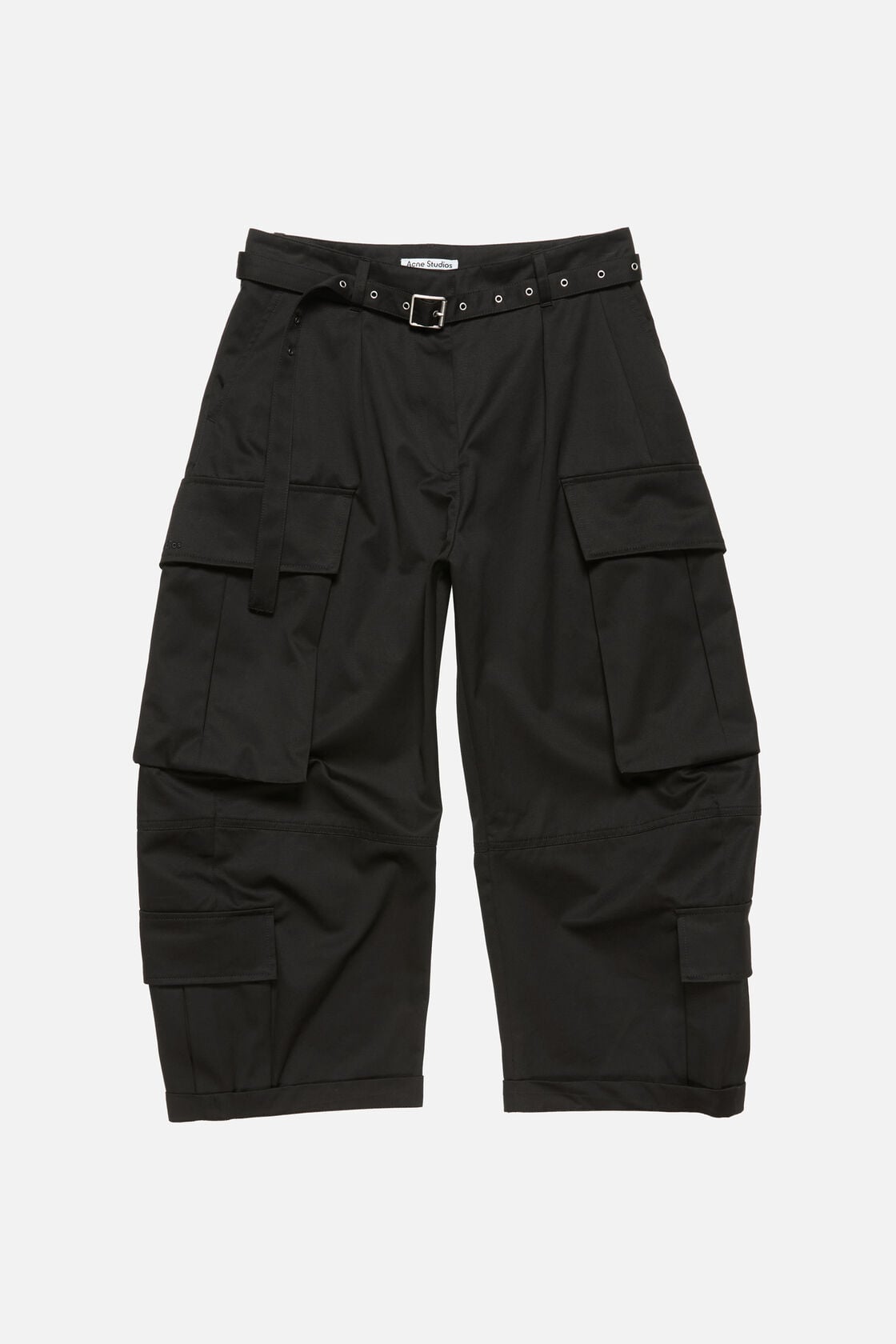 Acne Studios black twill cargo trousers with multiple patch pockets, an attached adjustable belt, and a wide barrel-leg silhouette.