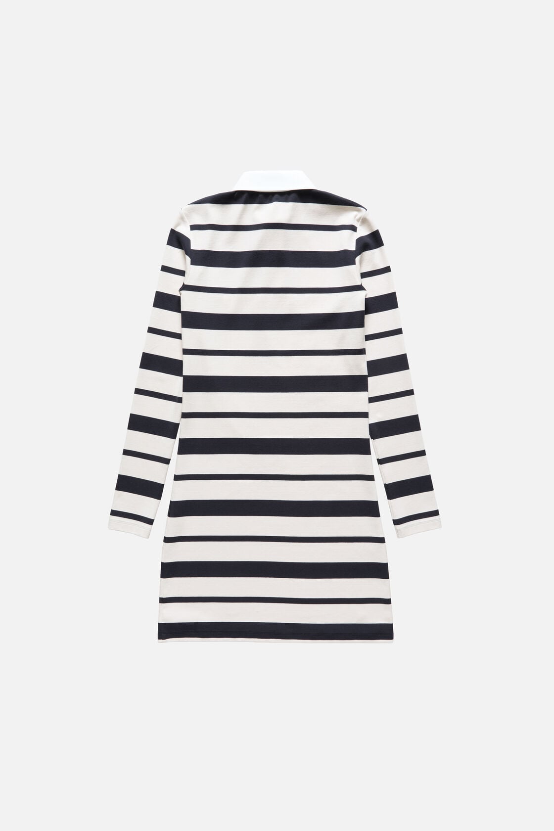 Acne Studios navy and ecru striped polo dress, long-sleeve, straight silhouette, with a white polo collar. Back view.
