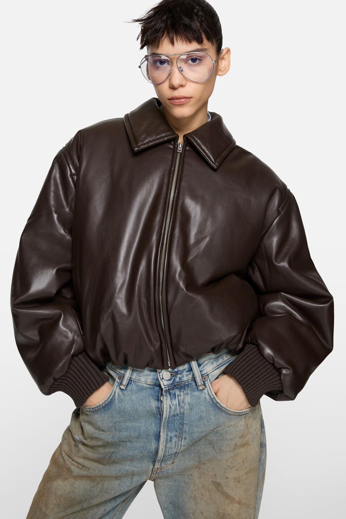 Faux leather bomber jacket, Chocolate brown, 2000x