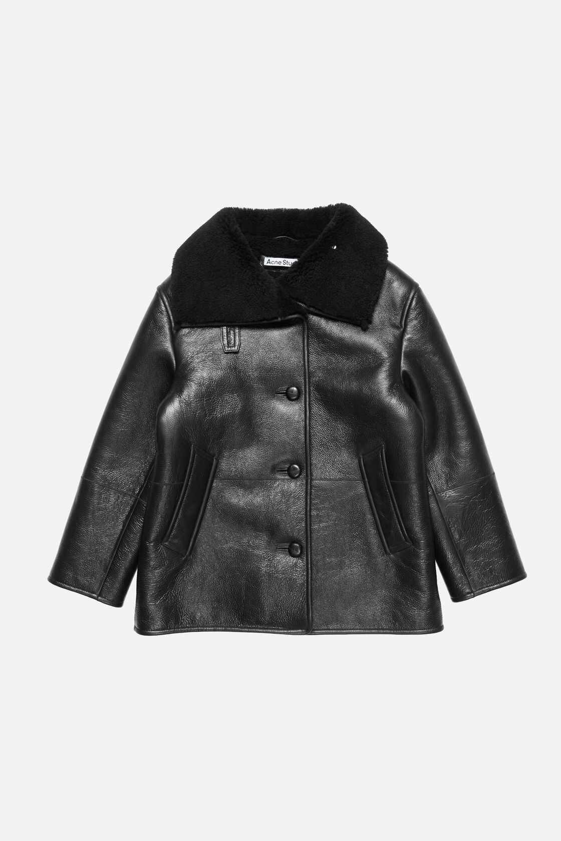 Leather Shearling Duffle Coat, Black, 2000x