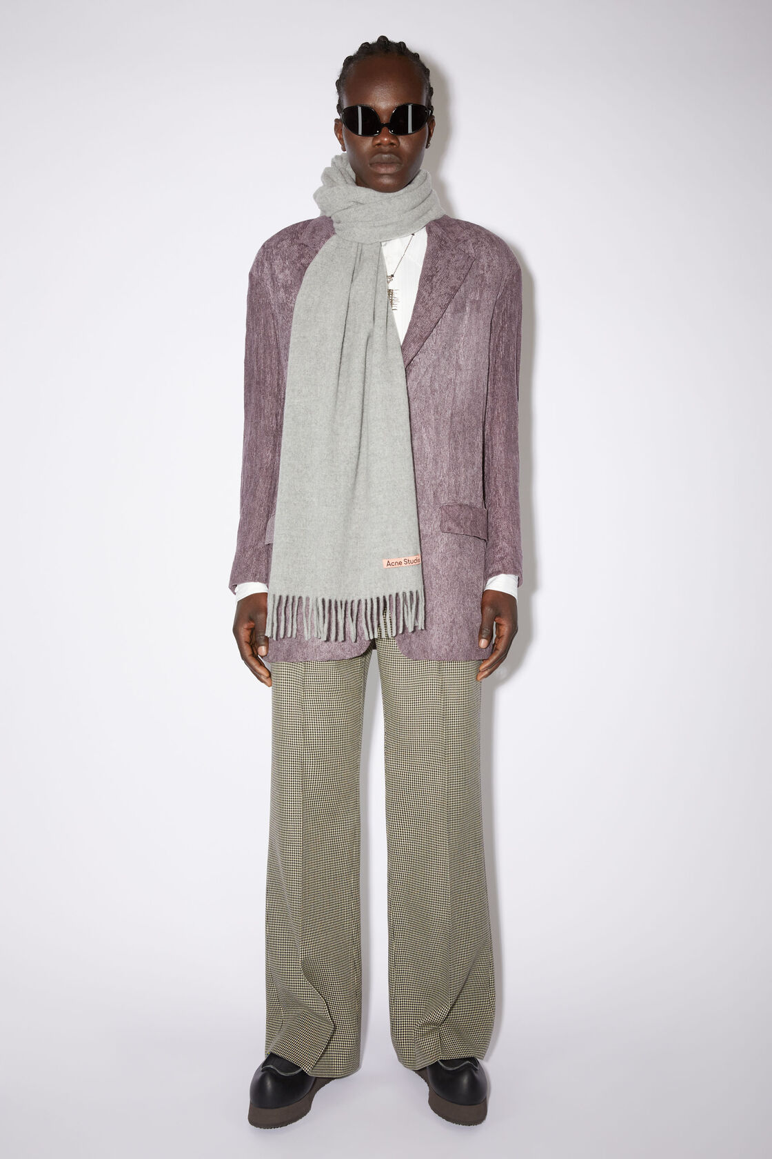 Fringe wool scarf - Narrow, Light Grey Melange, 2000x