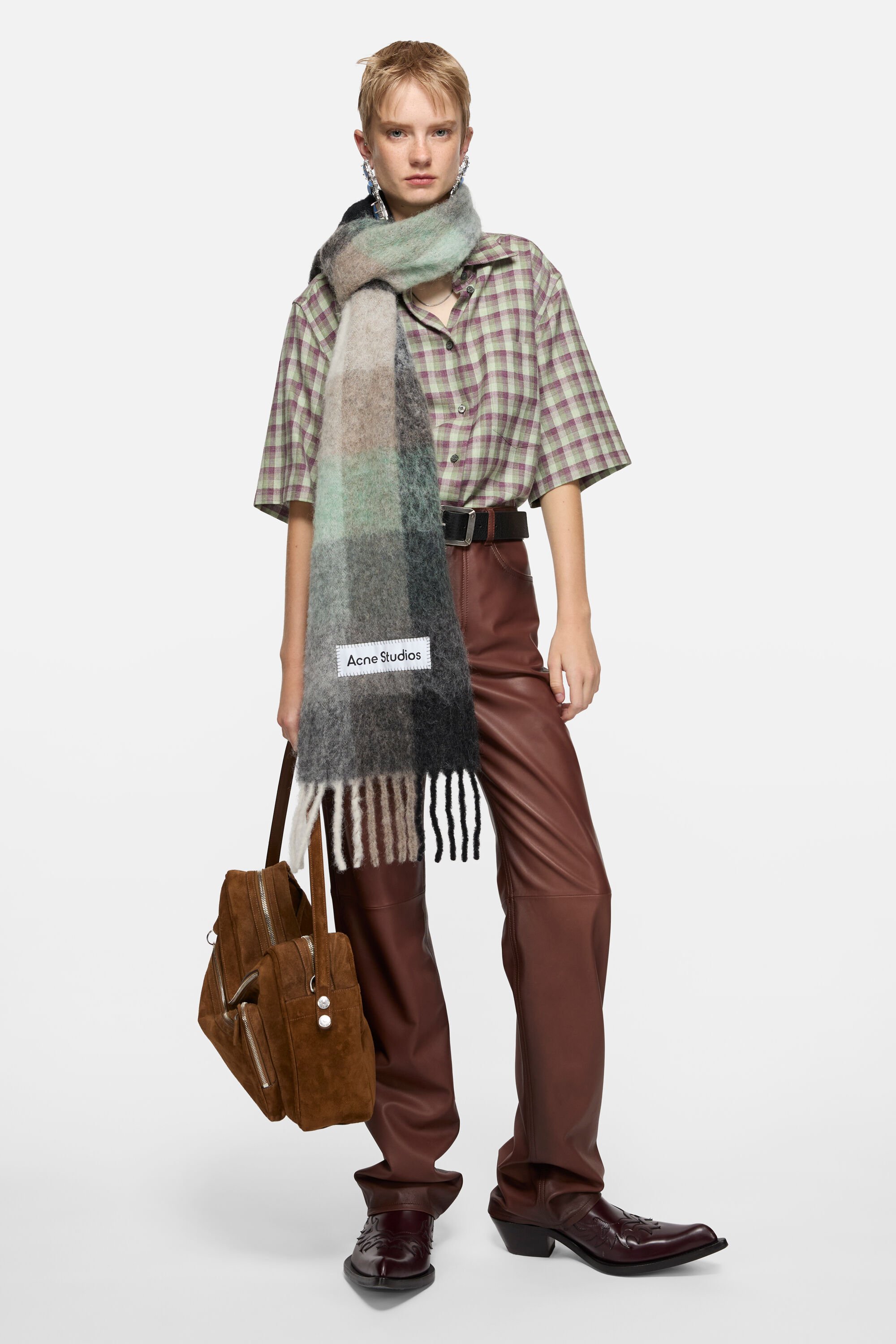 正規品　Acne studios マフラー　グリーン×グレー Acne Studios - Mohair checked scarf - Green/grey/black