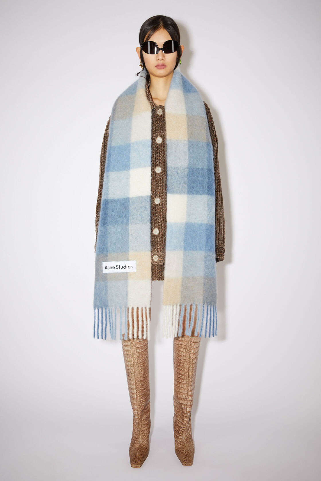 Checked wool fringe scarf, Pastel blue/beige, 2000x