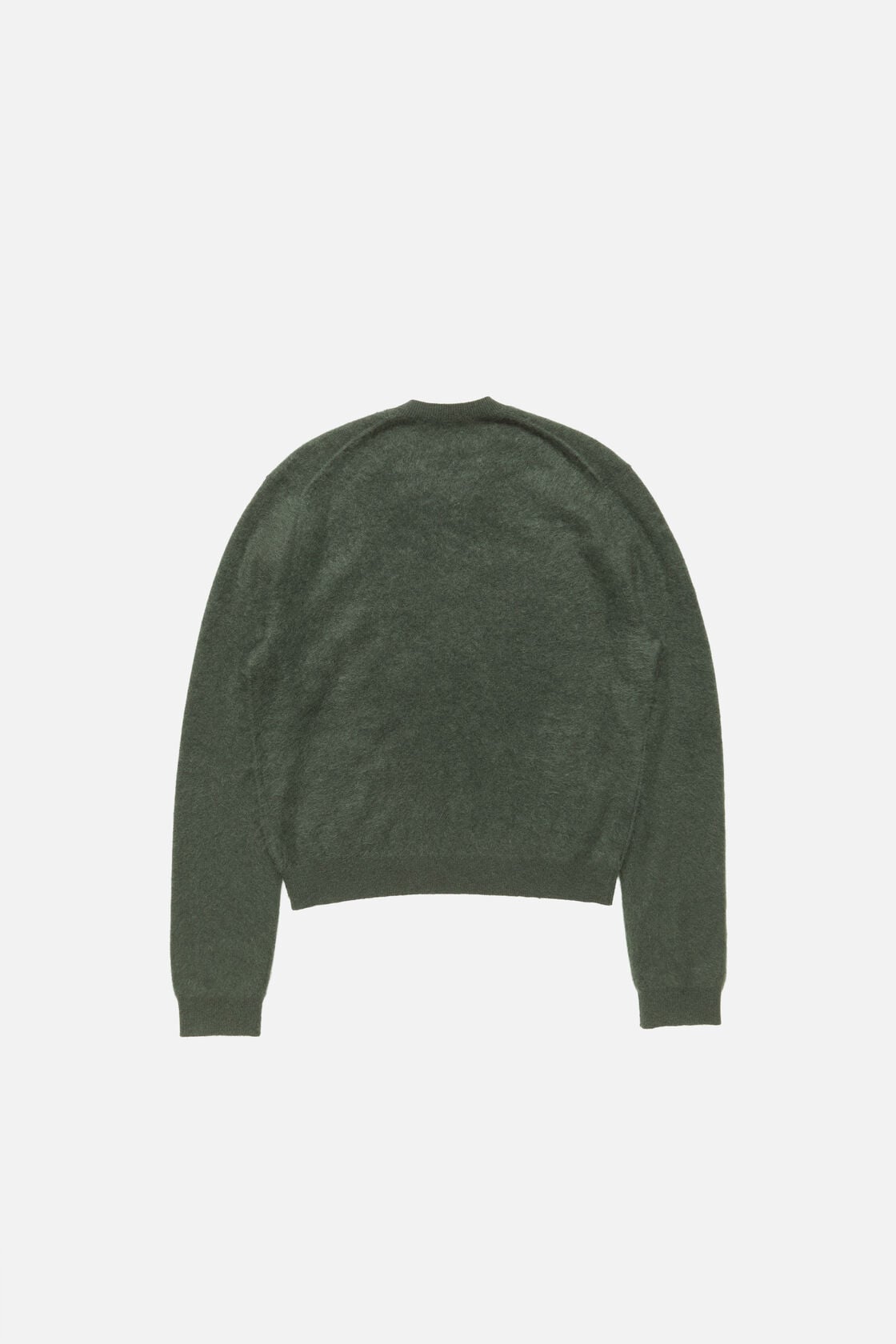 Acne Studios dark green cashmere v-neck sweater, back view, with a soft fuzzy texture, ribbed cuffs, and waist-length silhouette.