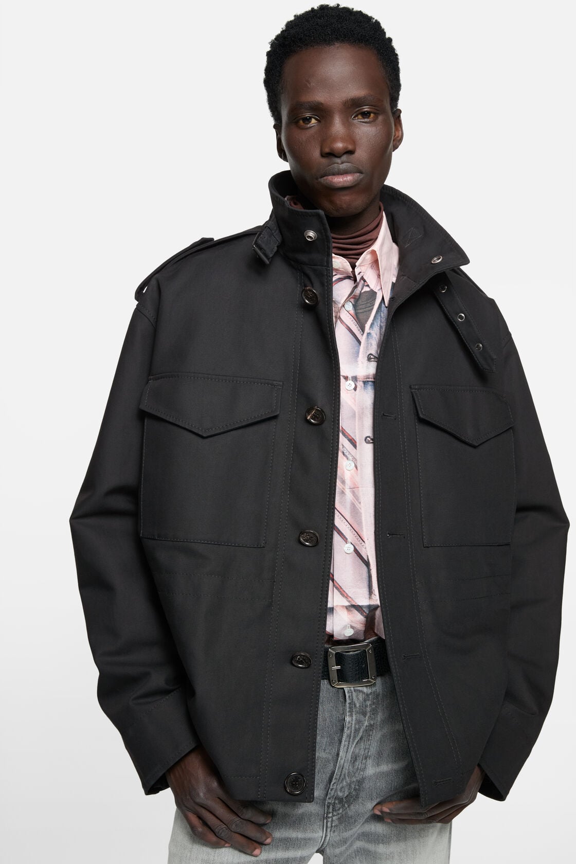 Cotton satin blouson jacket, Black, 2000x