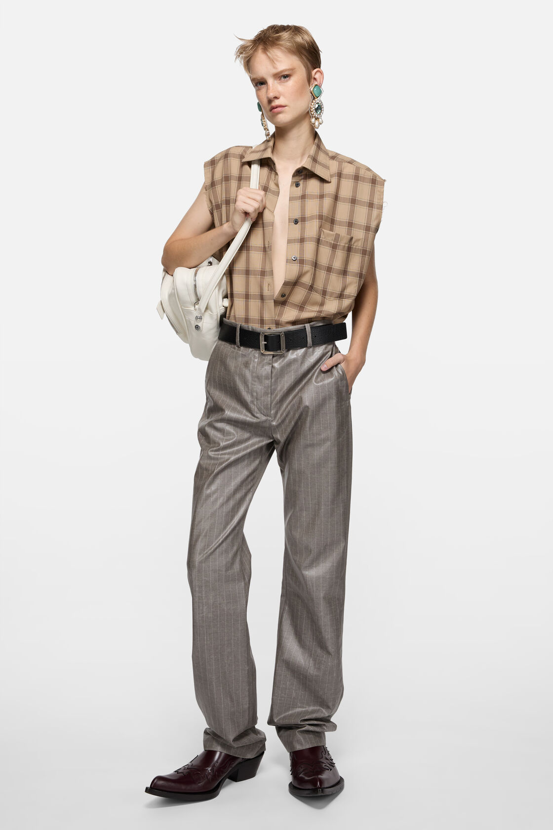 Coated pinstripe trousers, Warm Grey, 2000x