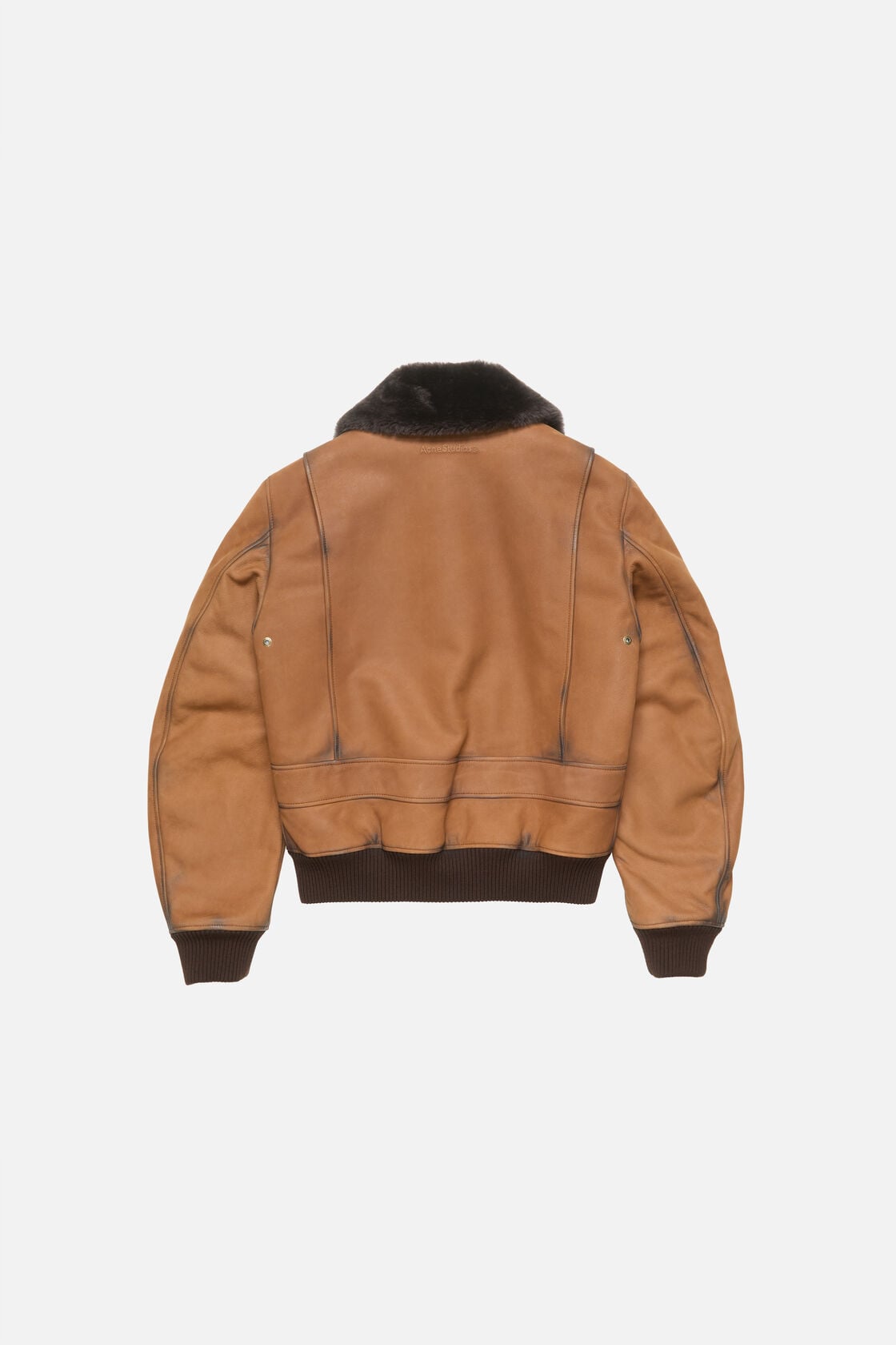 Acne Studios cognac brown suede bomber jacket, rear view, with dark brown shearling collar, contrast stitching, ribbed knit cuffs and hem.