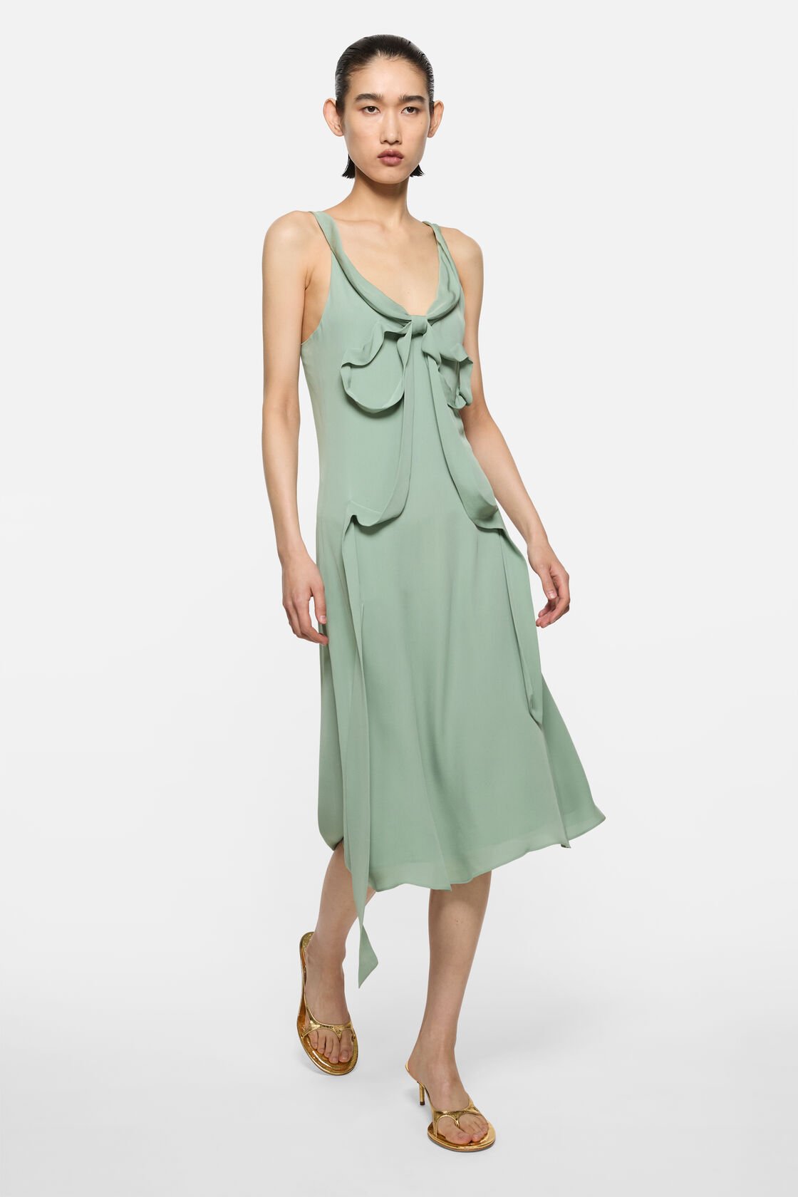 Silk midi dress with bow, Sage green, 2000x