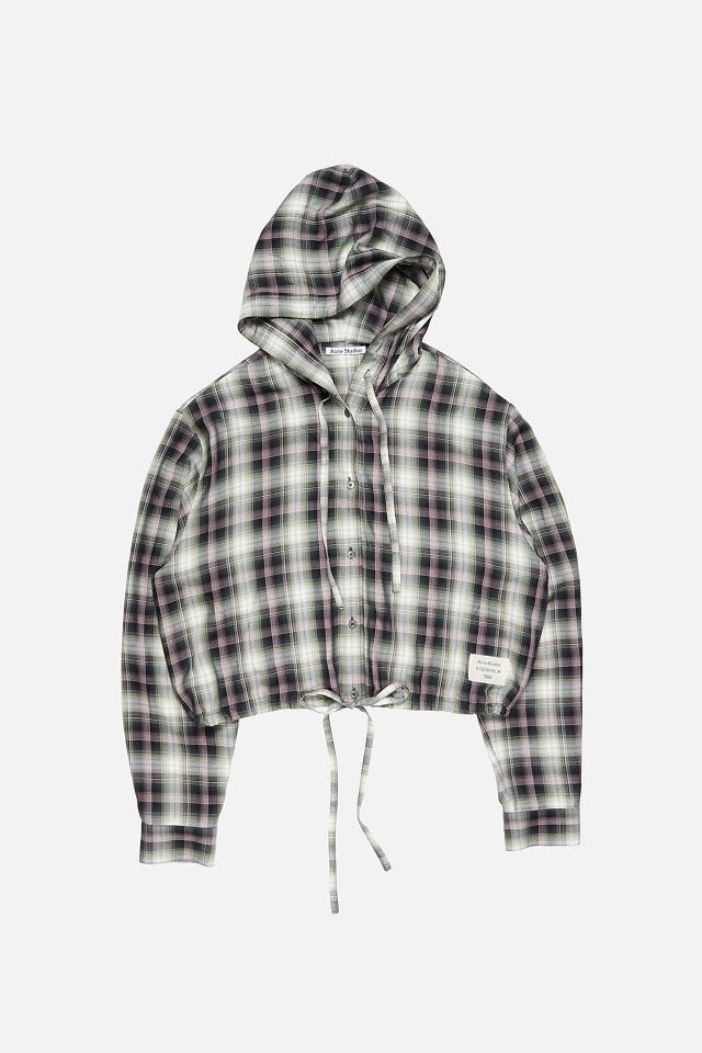 A showcase of the product of Acne Studios hooded overshirt with beige-black checked pattern.
