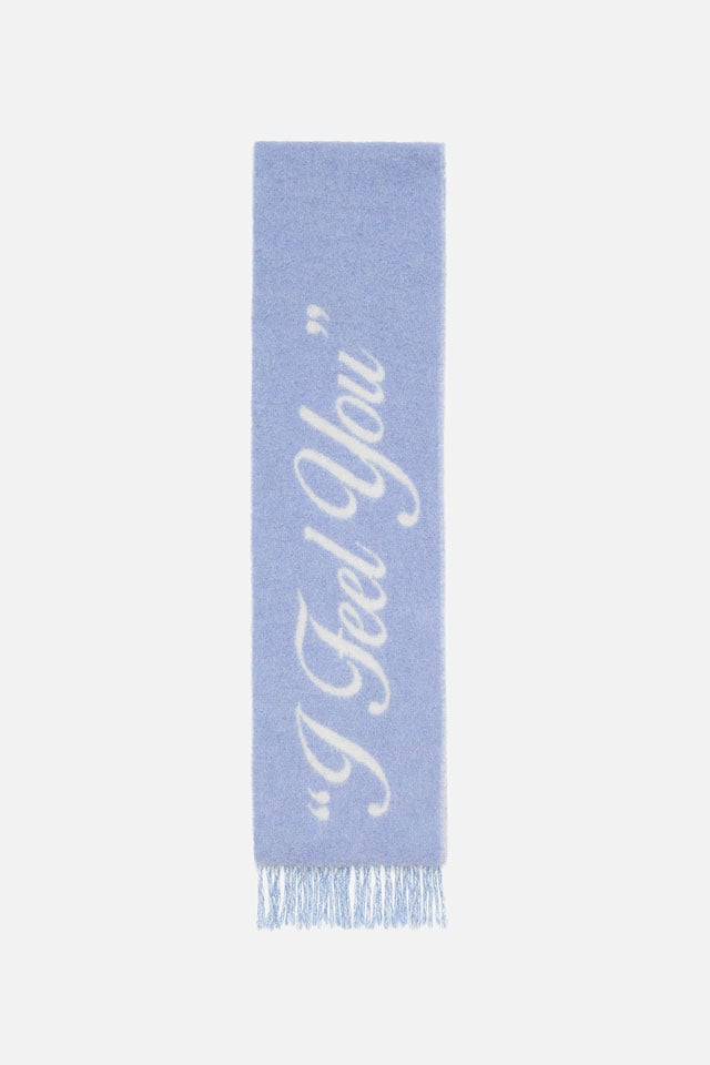 A showcase of Acne Studios Valentines Day collection light blue scarf.