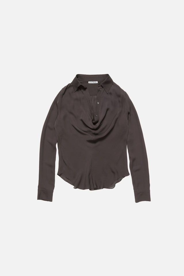A showcase of the product: Acne Studios FW26 New Arrivals burgundy satin shirt.
