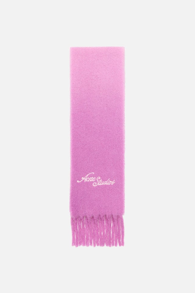 A showcase of the product of Acne Studios pink mohair blend scarf with logo on it.